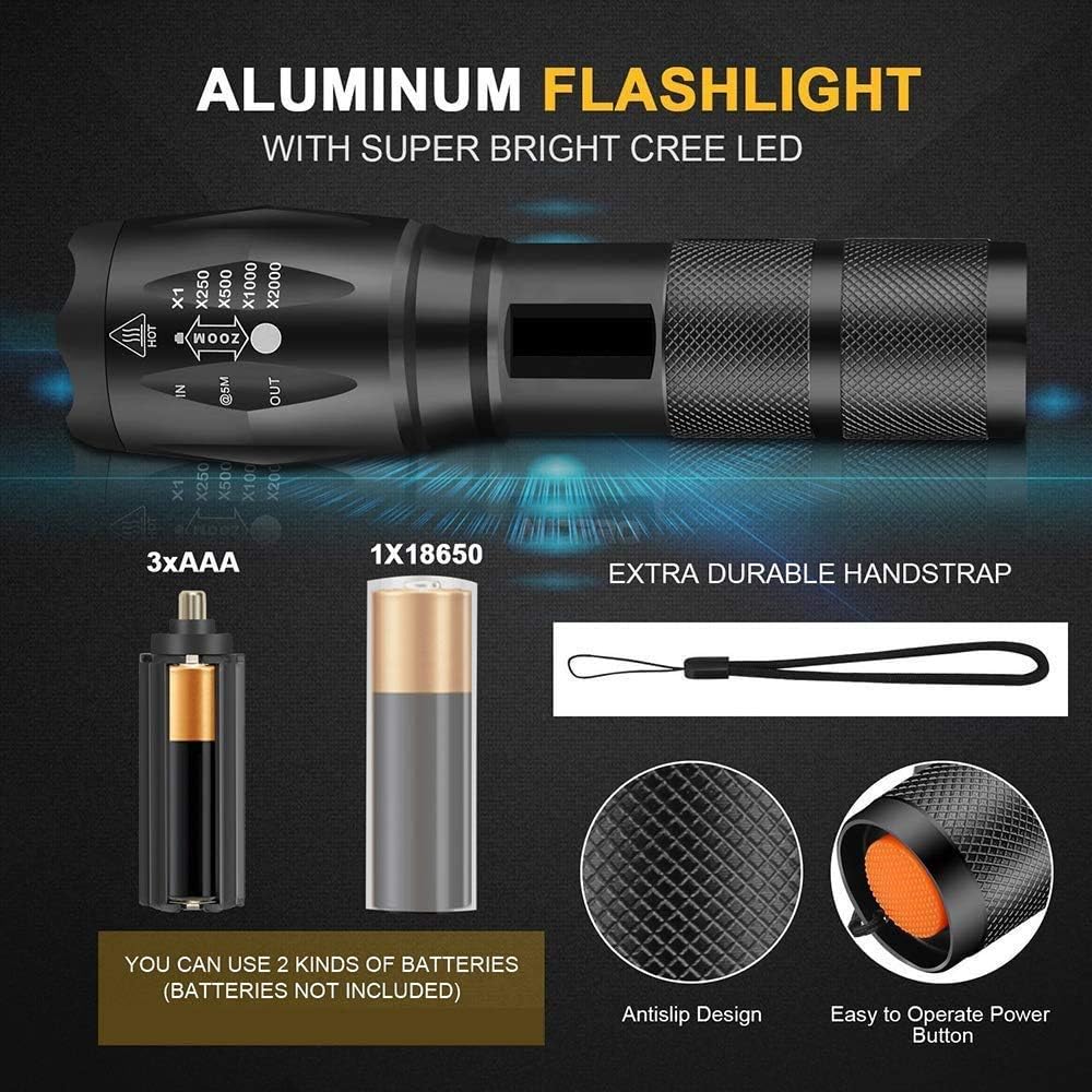 LED Tactical Flashlight,Portable Handheld Flash Lights with 5 Modes, Zoomable, Waterproof for Camping Outdoor Emergency(2Packs) Black LXY9643W