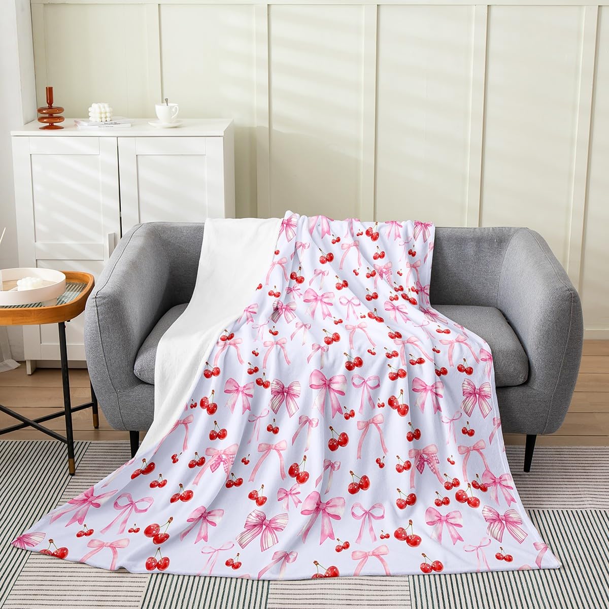 Loussiesd Bow Cherry Plush Throw Blanket, 40x50Inch Watercolor Bow All Season,Bed Blanket for Sofa Couch Girls Teens Bedroom Decor Blue Cute Bowknot Flannel Fleece Blanket Women Men Fruit — image 1