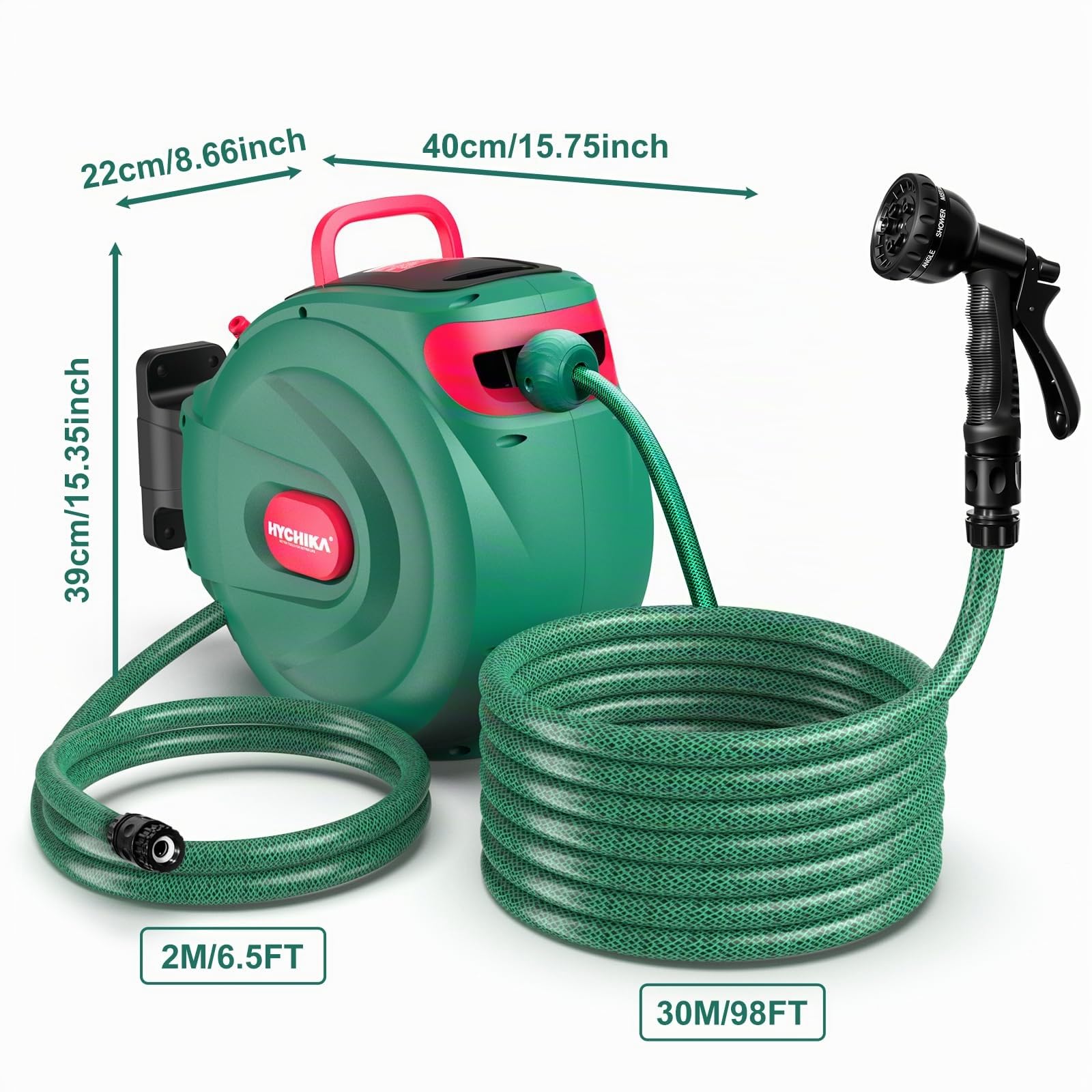 HYCHIKA Avvolgitubo da Giardino 30M - Aria Compressa Avvolgitubo Retrattile con Blocco Automatico, Ugello a 8 Funzioni, 180° Giro, Conservazione Sicura per Tubi d'Innaffiamento Esterni