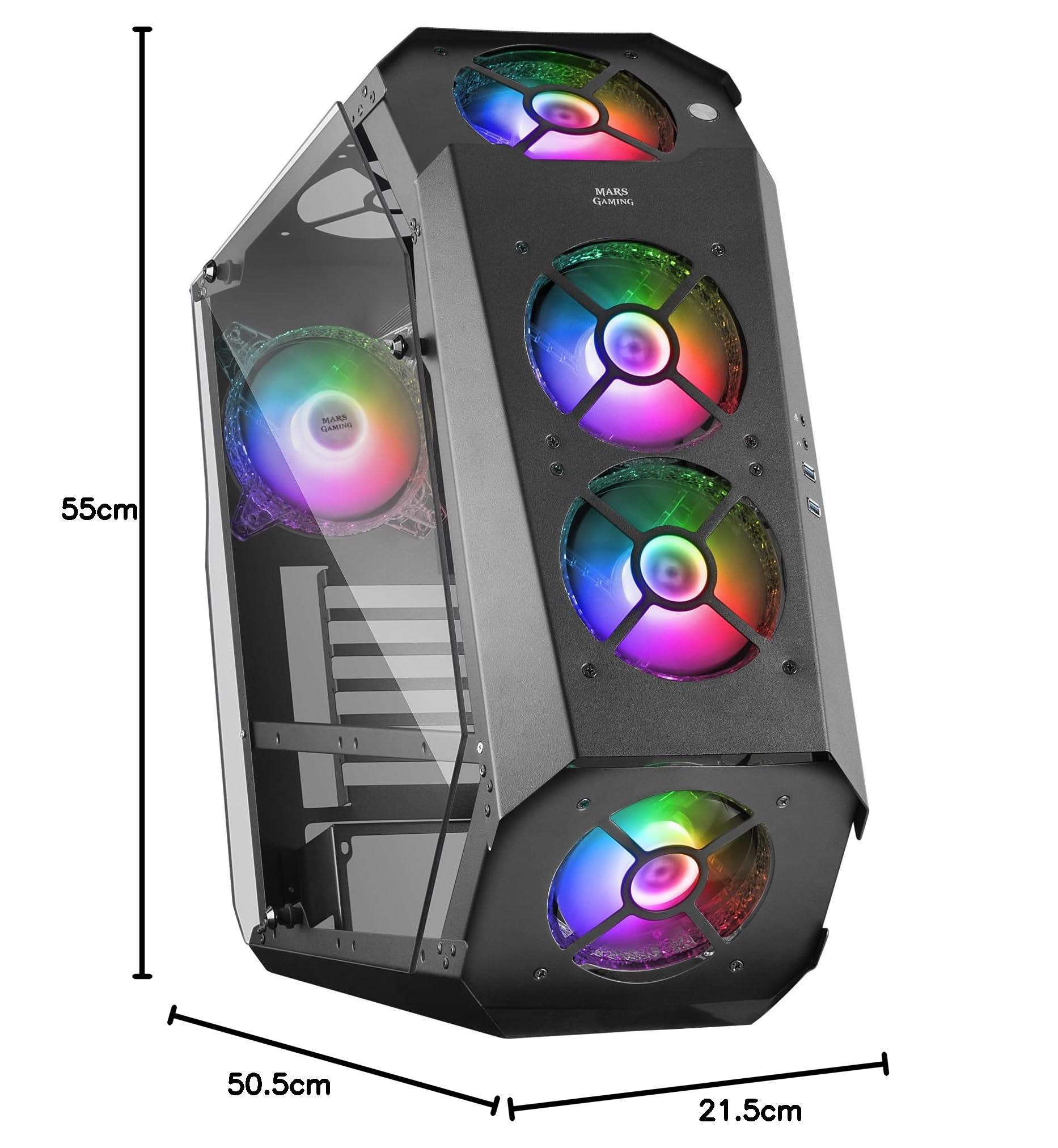 Mars Gaming MC51,Torre PC Gaming ATX, 5 Ventiladores 120mm Chroma ARGB, Controladora con Mando, Doble Cristal Templado, Refrigeración Avanzada, Negro