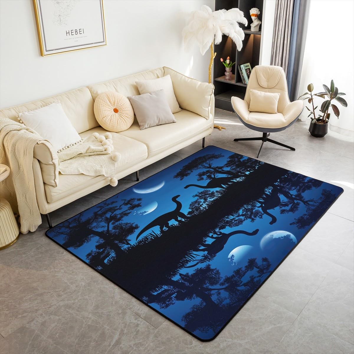 Homemissing Dinosaurier Teppich 100x150cm Für Kinder Jungen Mädchen 3D Dino Drucken Modern Teppich Ultrar Dschungel Dino Wohnzimmerteppich Wildes Tier Küchenteppich Mondlicht in der Nacht