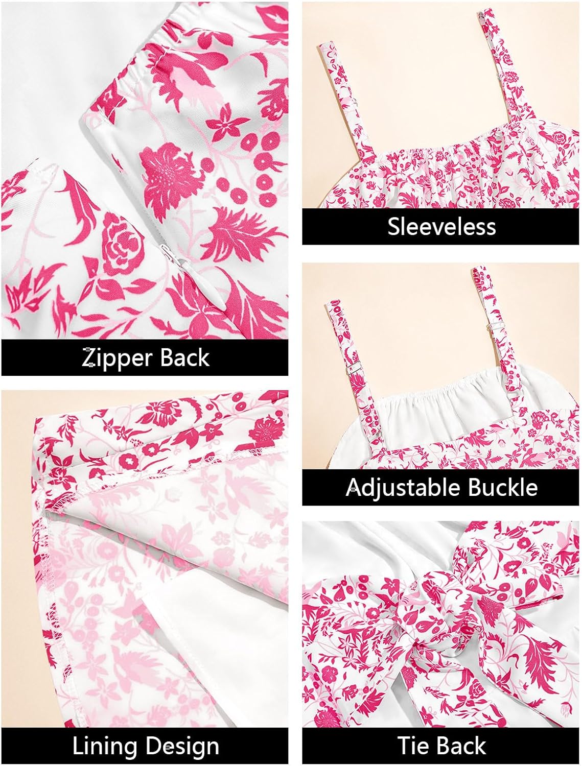 Wenrine Womens Floral Mini Dress Spaghetti Strap Sleeveless Tie Back Ruffle Summer Tiered Dresses - Image 6