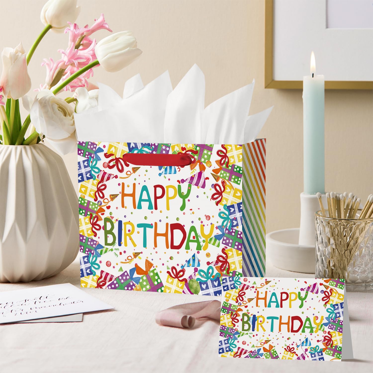 Horaldaily 13" Large Birthday Gift Paper Bags with Tissue Paper and Card, Happy Birthday Ballons Gift Paper Bag for Men Women Kids Birthday,1Pcs