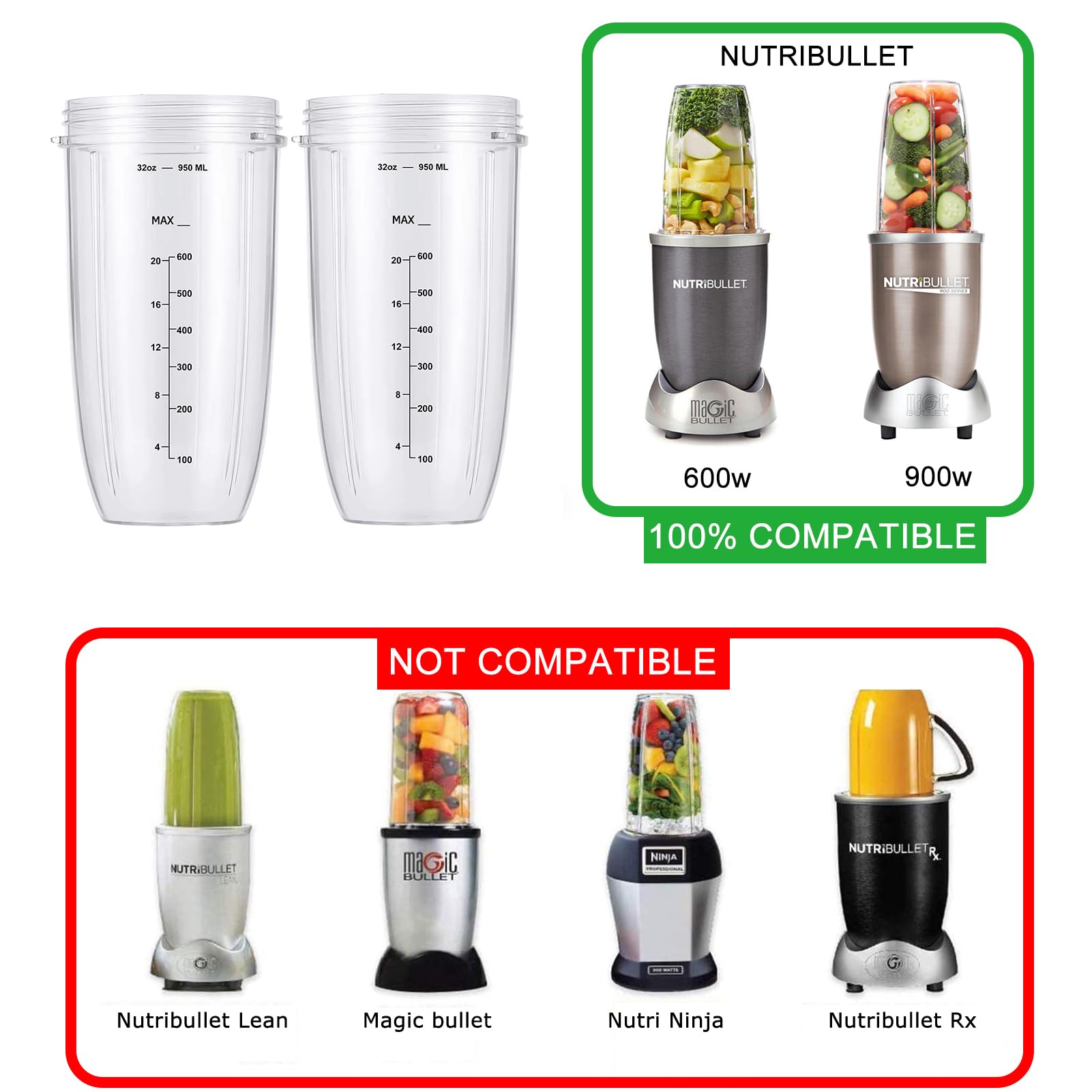 950ml Entsafterbecher Kompatibel mit NutriBullet Elektrischer Mixer 600 W/Pro 900 W, für Nutribullet Blender Mixer Ersatzbecher Ersatzteile Becher Groß Cups Zubehör (2er-Pack)