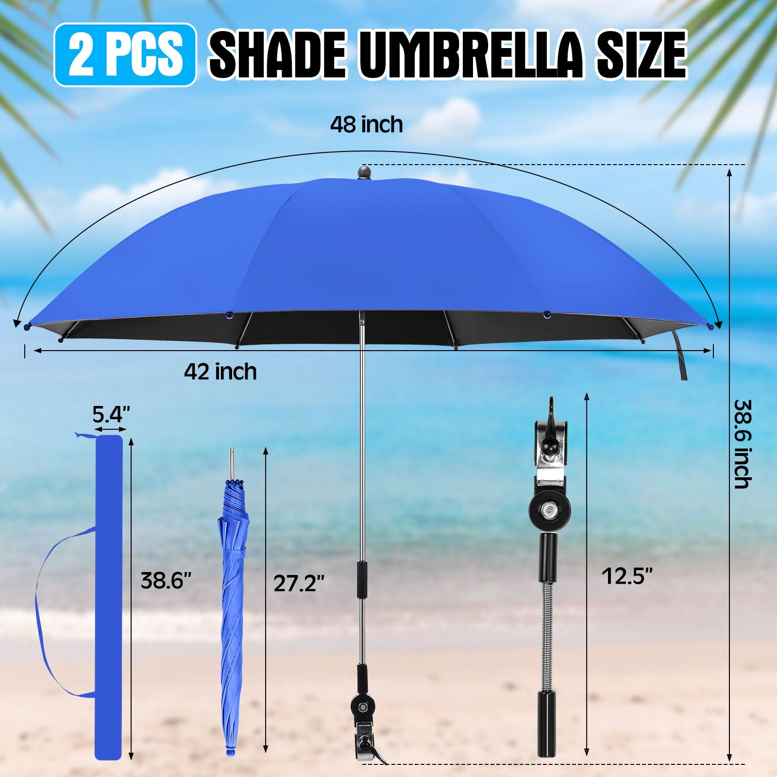 Talltalk 2 Pcs Beach Umbrella with Universal Clamp Adjustable Beach Shade UV Protection Chair Portable Outdoor Umbrella for Camping Patio Chairs Golf Carts (Dark Blue, Beige)