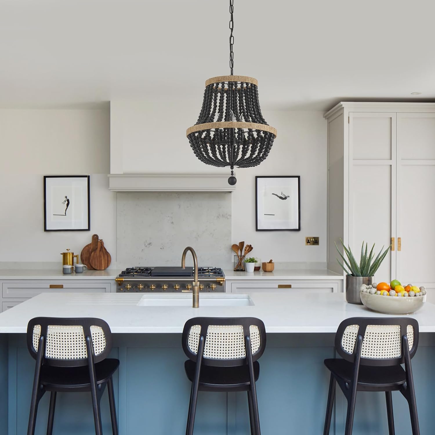 3-Light Boho Chandelier Farmhouse, Wood Bead Pendant Light, Black Rustic Hanging Light Fixture for Kitchen Entryway Bedroom Nursery Dining Room Foyer