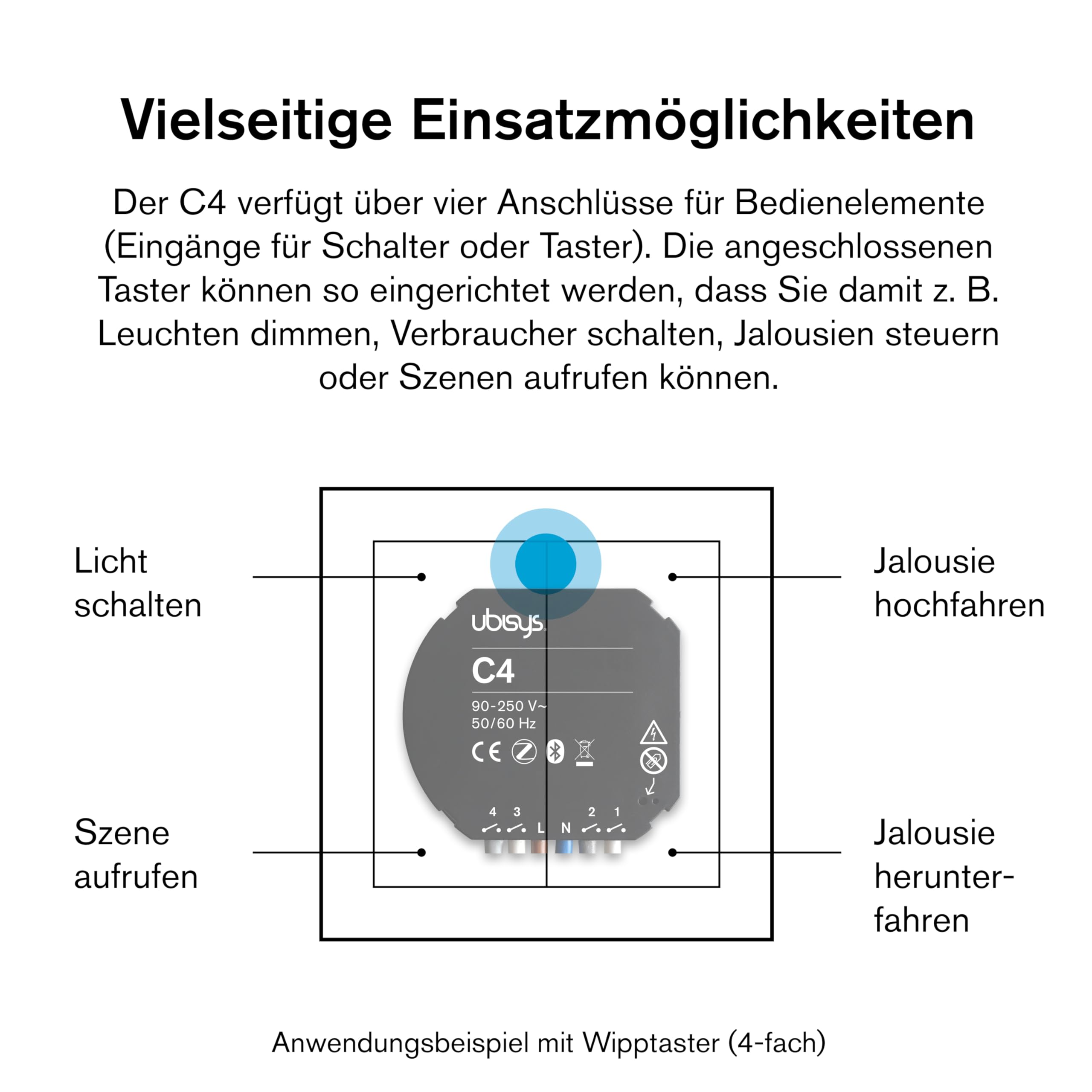 Unité de commande C4 (Series 2) : Zigbee + Bluetooth | Dispositif direct Zigbee | Configurable sans passerelle | Peut être connecté à d'autres composants ubisys pour contrôler par exemple les