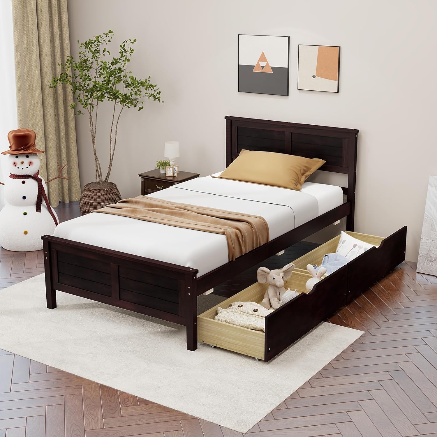 KOMFOTT Twin Size Wood Bed Frame with 2 Storage Drawers, Mid Century Platform Bed Frame with Headboard, Sturdy Wooden Slats Support, Modern Mattress Foundation, No Box Spring Required, Easy Assembly