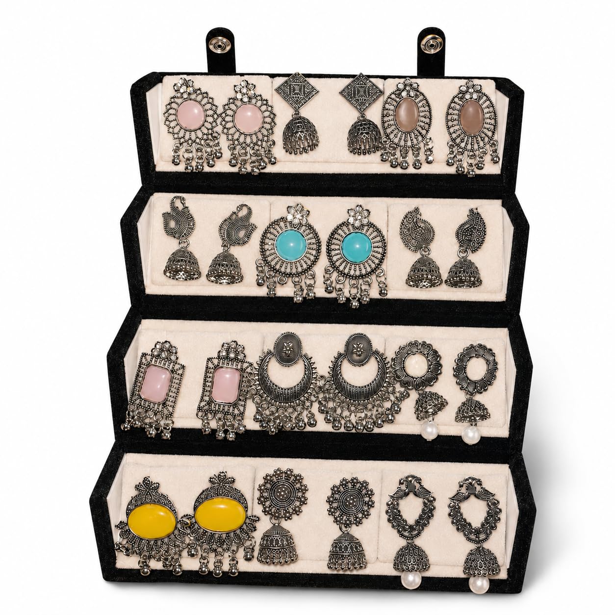 12 Pairs Oxidised Silver Earrings Set with Organizer Box - Image 1