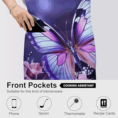 Miniatura 5 de Personalized Purple Butterfly Adult Apron, Kitchen Cooking Aprons for Woman Man, Adjustable Bib Apron with Pocket for Baking, BBQ Crafting Outdoors,