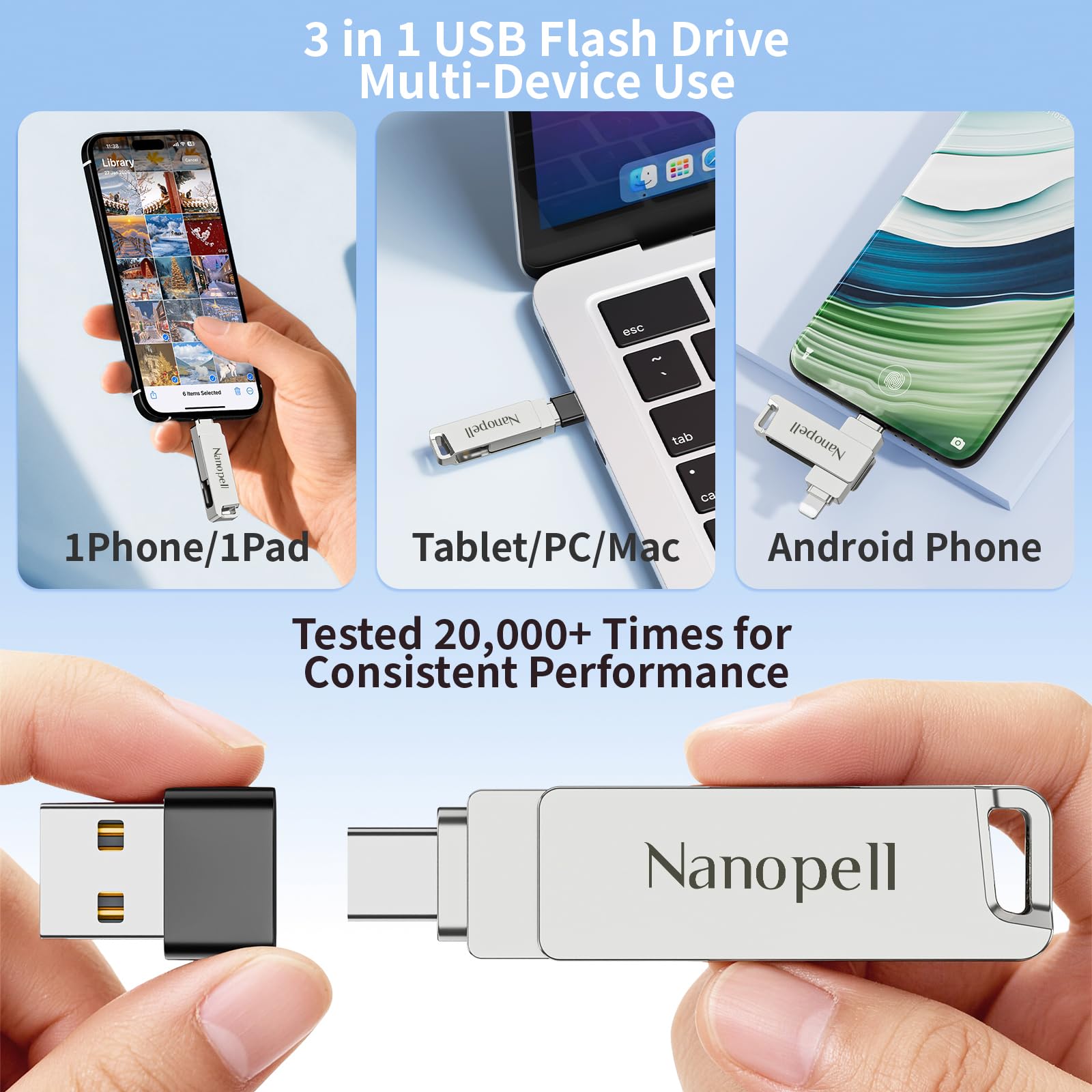 【Sans Application】Nanopell Clé USB 32 Go, 3 in 1 Cle USB lphone Avec Boîtier Entièrement Métallique et Fonction Etanche. lPhone Cle USB pour Photos et Données. Clé Stockage Compatible i0S/Android/PC. - 5