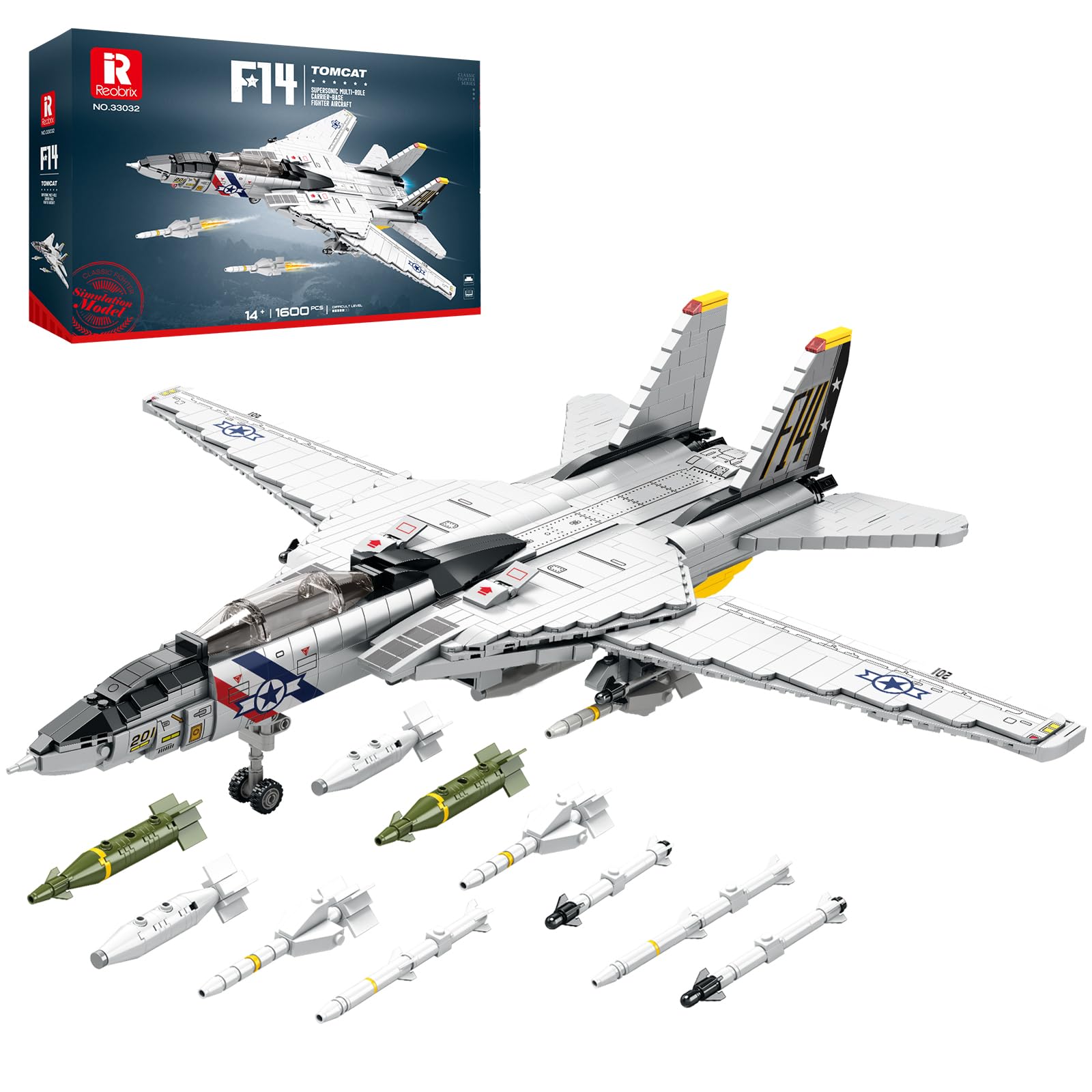 Reobrix F-14 Tomcat Fighter Jet Building Set, 1600 Blocks, Movable Wings, Military Plane Model Kit for Adults & Kids 14+, Unisex, Not Foldable
