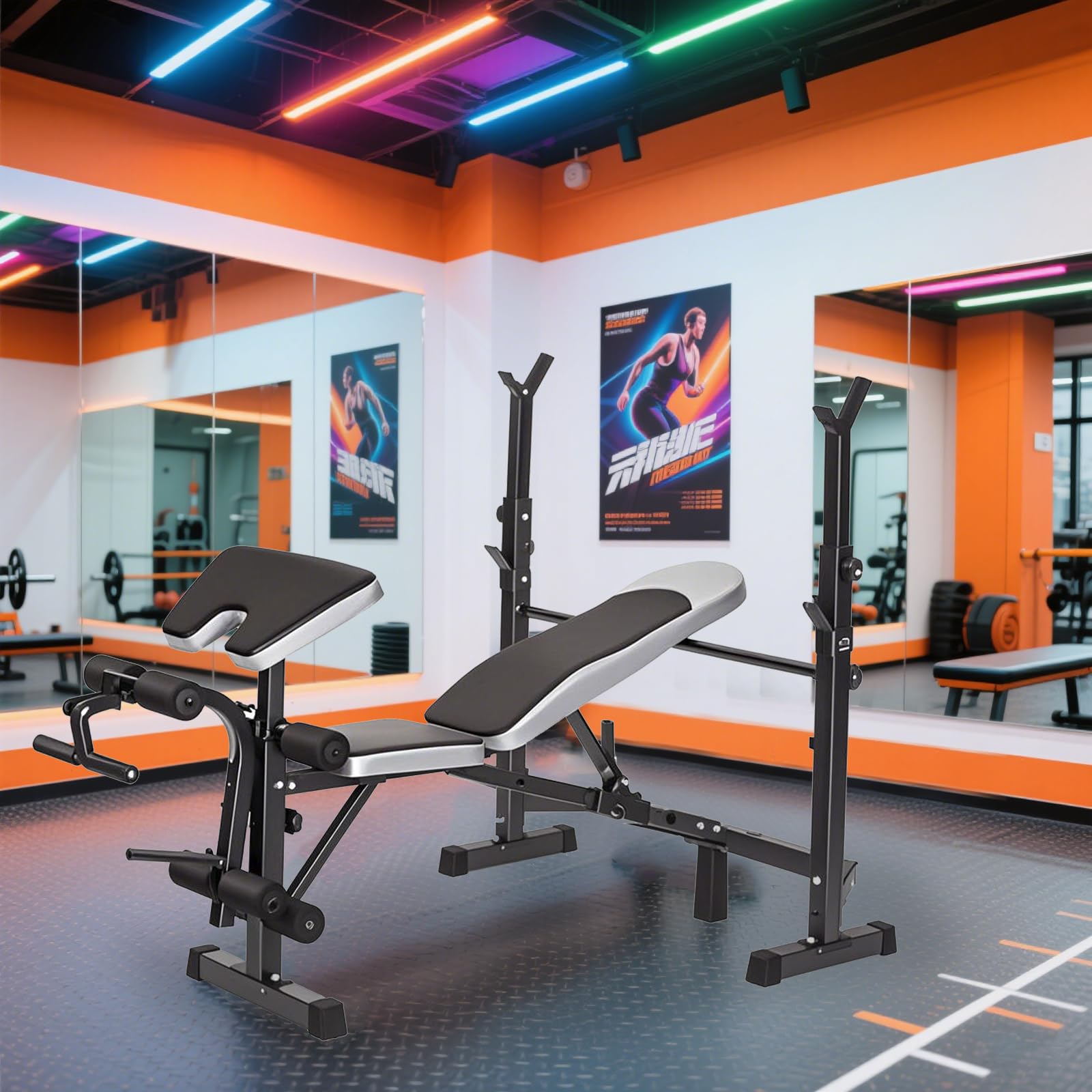 Banco Musculación Multifuncional,Banco Press Banca Polea Gimnasio Casa,Maquina Multifuncion Musculacion,Max 300 kg(Banco Multifuncional con Barra Alta y Soporte para Mancuernas)