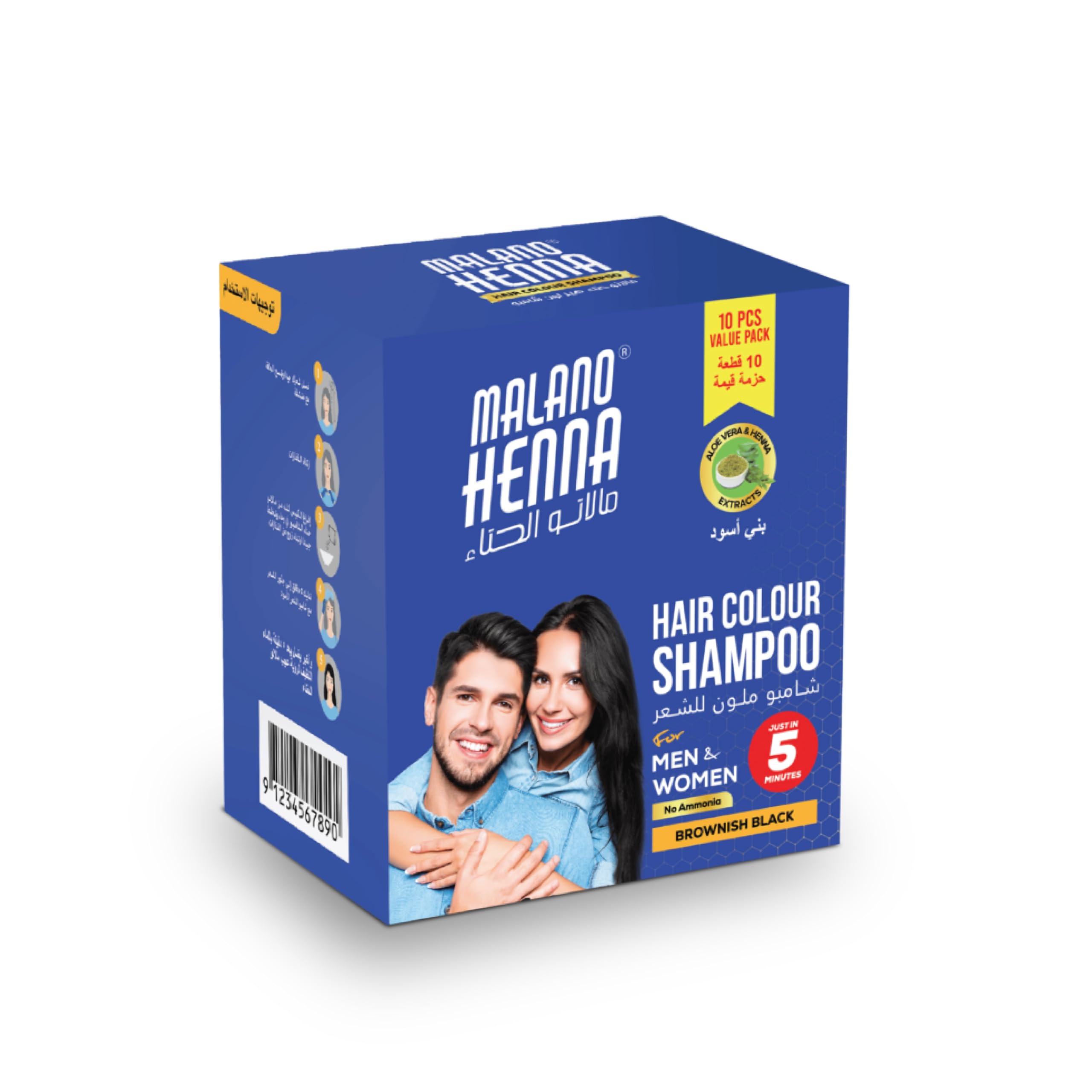 Hair Color Shampoo - Brownish Black, Henna & Aloe Vera Extracts, 5 Minutes Hair Colour, Ammonia Free Hair Colour Shampoo for Men & Women (10x15ml)