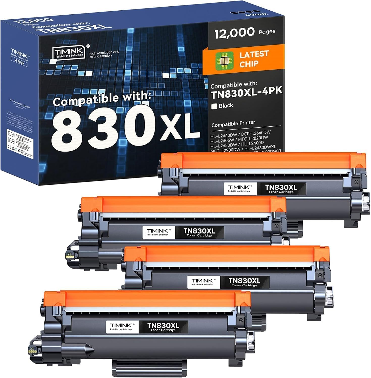Compatible TN830XL Toner Cartridges Replacement for Brother TN 830XL TN830 TN830 XL Toner Work for Brother HL-L2460DW DCP-L2640DW HL-L2405W MFC-L2820DW HL-L2480DW HL-L2400D Printer 4PK (High Yield)