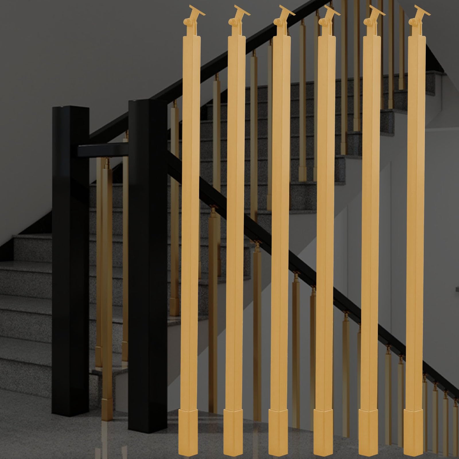 WLCGYD 30 36 42 48 51'' Metal Baluster Spindles, Interior Staircase Decks Banister Install Kit/Square Railing Post w/Bracket for Wooded Stairway Composite Steps(Gold 6 pcs,30in/76.2cm)