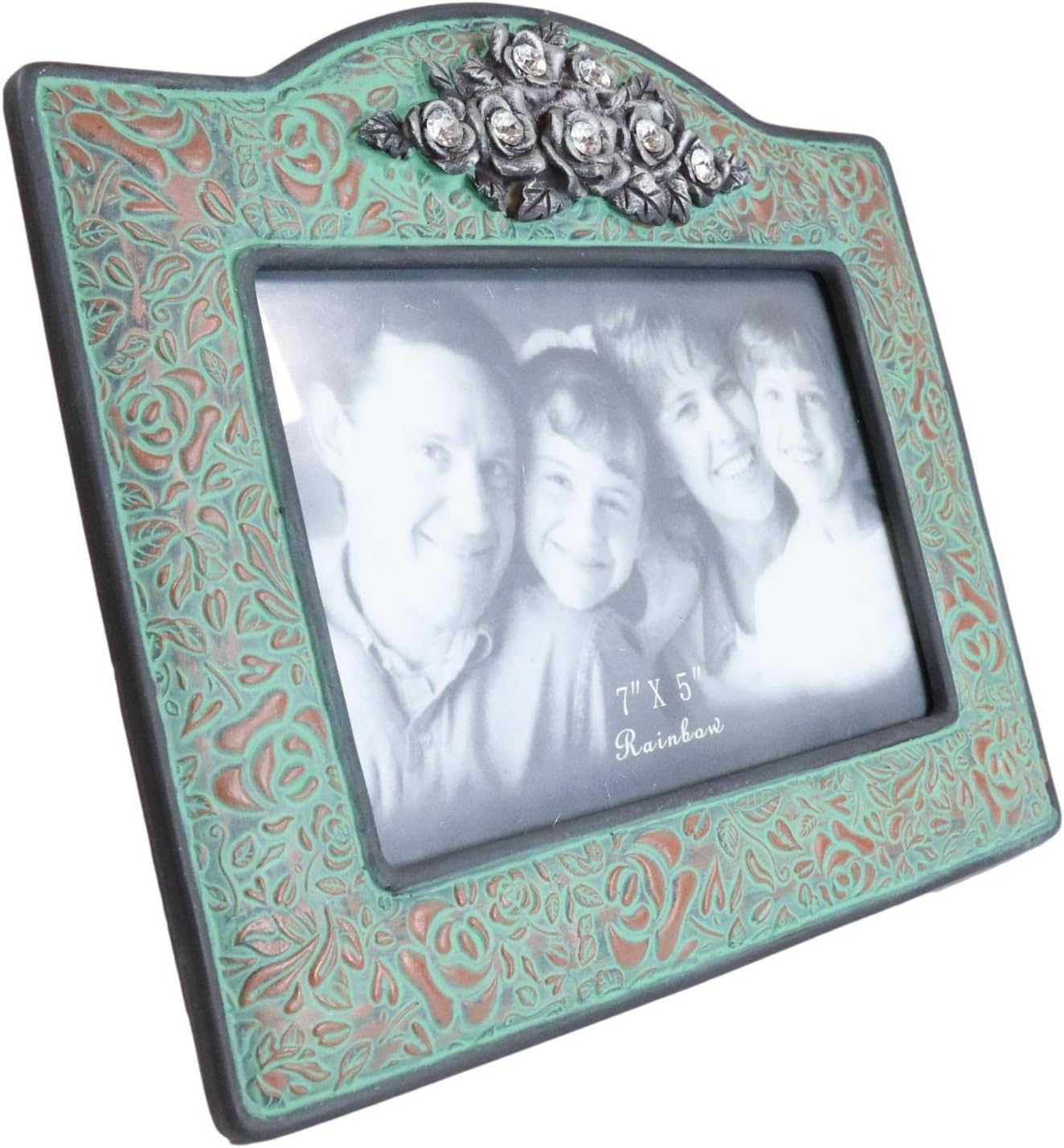 Ebros Gift Rustic Western Silver Roses Floral Arrangement With Scroll Lace Turquoise Patterns Sculpted Tooled Leather Easel Back Picture Frame for 5"X7" Photo Cabin Lodge Cottage Farm House Accent