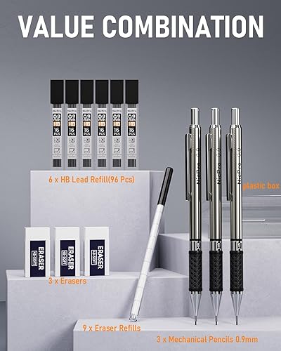 Miniatura 2 de 0.9 mm Mechanical Pencil Set with Case, 3PCS Metal Mechanical Pencils With 6 Tubes HB #2 Lead Refill, 3Erasers, 9Eraser Refills, Art Mechanical