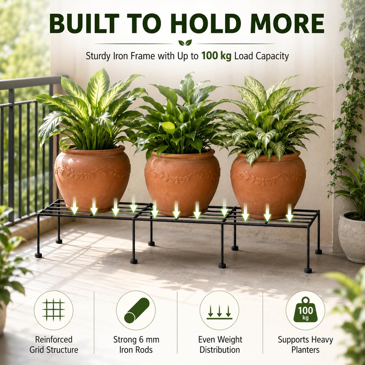 TrustBasket Indigo 24-Inch Plant Stand | Black, (Set of 4) 120 KG Load Capacity, Anti-Rust Metal with Non-Bendable Legs | Ideal for Plant Stands for Outdoor Balcony, Indoor Living Room, Flower Pot Stand for Balcony, Planters for Home Decor 2