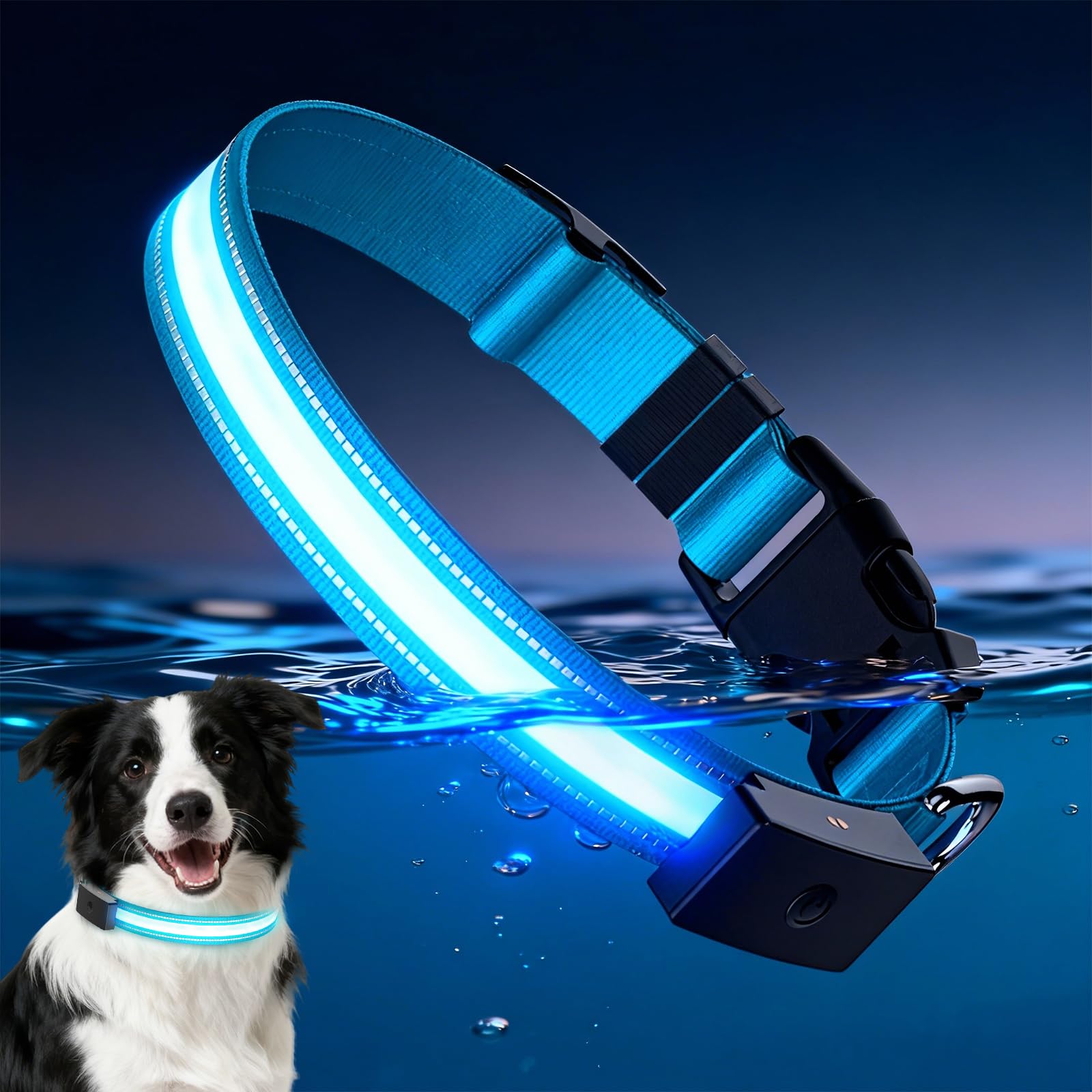 Leuchthalsband Hund - 1600FT Super Helle LED Halsband Hund - Magnetisch Wiederaufladbar - Wasserdichtes Strapazierfähig Verstellbar Leuchthalsband für Kleine und Große Hunde (Blau, L (15-20in))