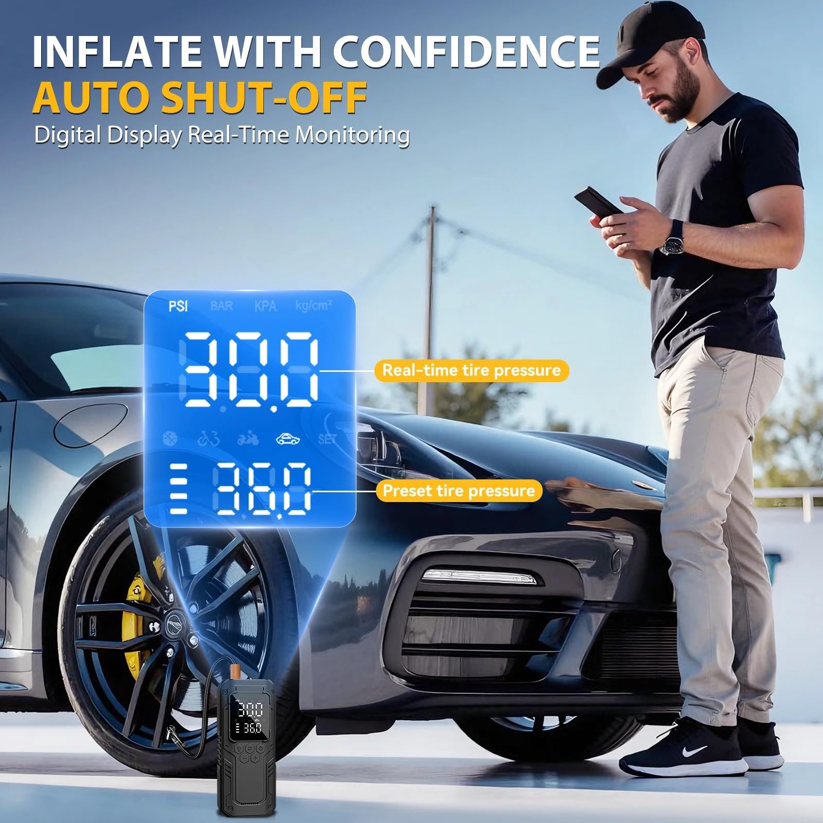 Inflador Ruedas Coche Inflador de neumáticos de coche portátil, compresor de aire de 150 PSI, bomba de aire inalámbrica para coches, motocicletas, pelota de bicicleta Compresores de aire portátiles