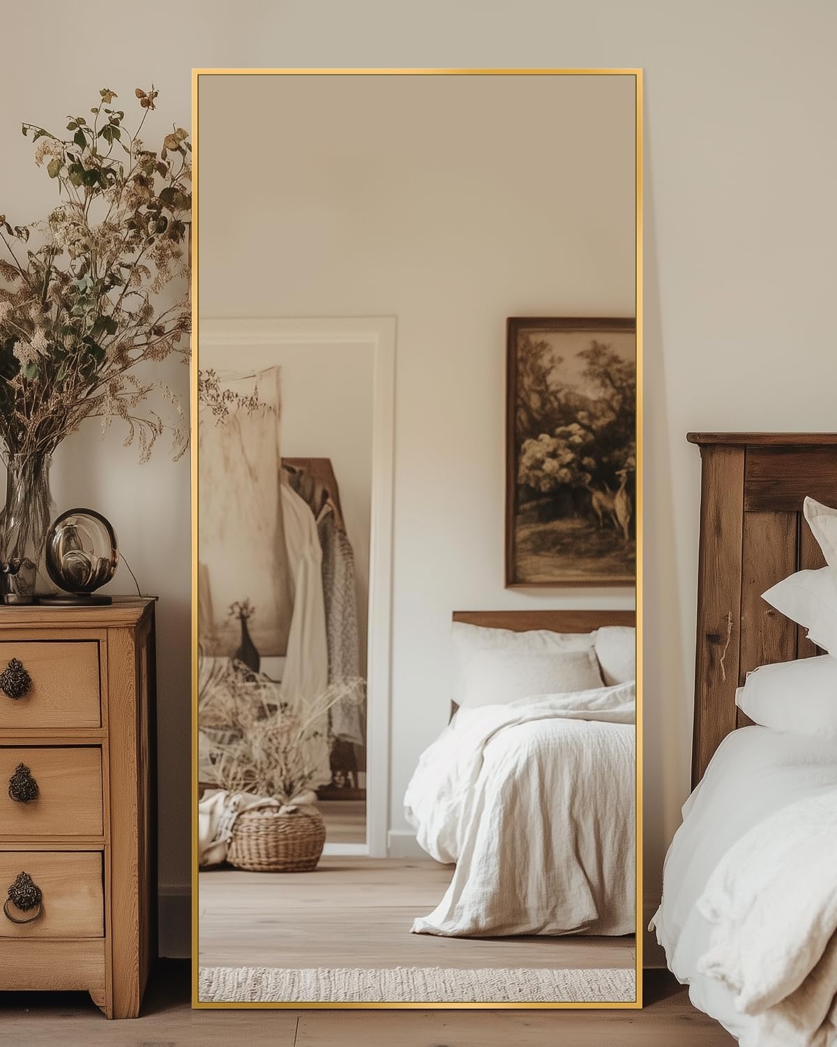 Antok Full Length Mirror, 58"x21" Floor Mirror with Stand, Hanging Mounted Mirrors for Bedroom, Living Room, Cloakroom, Dining Room, Gold, Rect