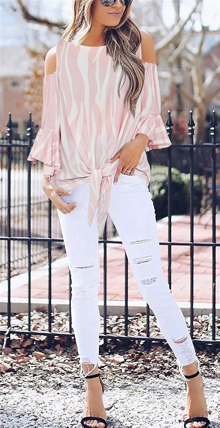 Chuanqi Womens Cold Shoulder Blouse Bell Sleeve Tie Knot Casual Summer Shirt Tops - Image 5