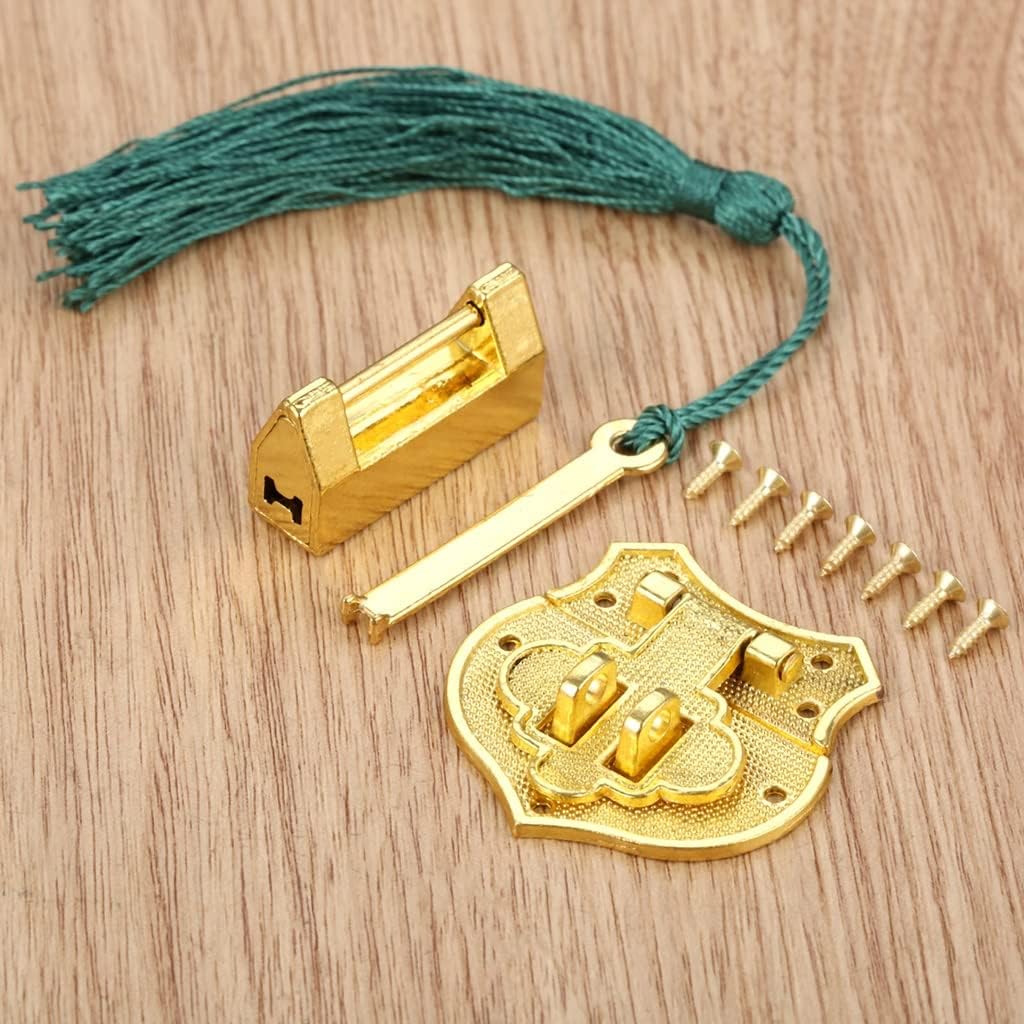 1 Set Gold Zinc Alloy Chinese Old Lock Wooden Box Padlock with Vintage Latch Hasp Buckle Clasp and Screws Furniture Hardware (Gray 33 * 18mm)