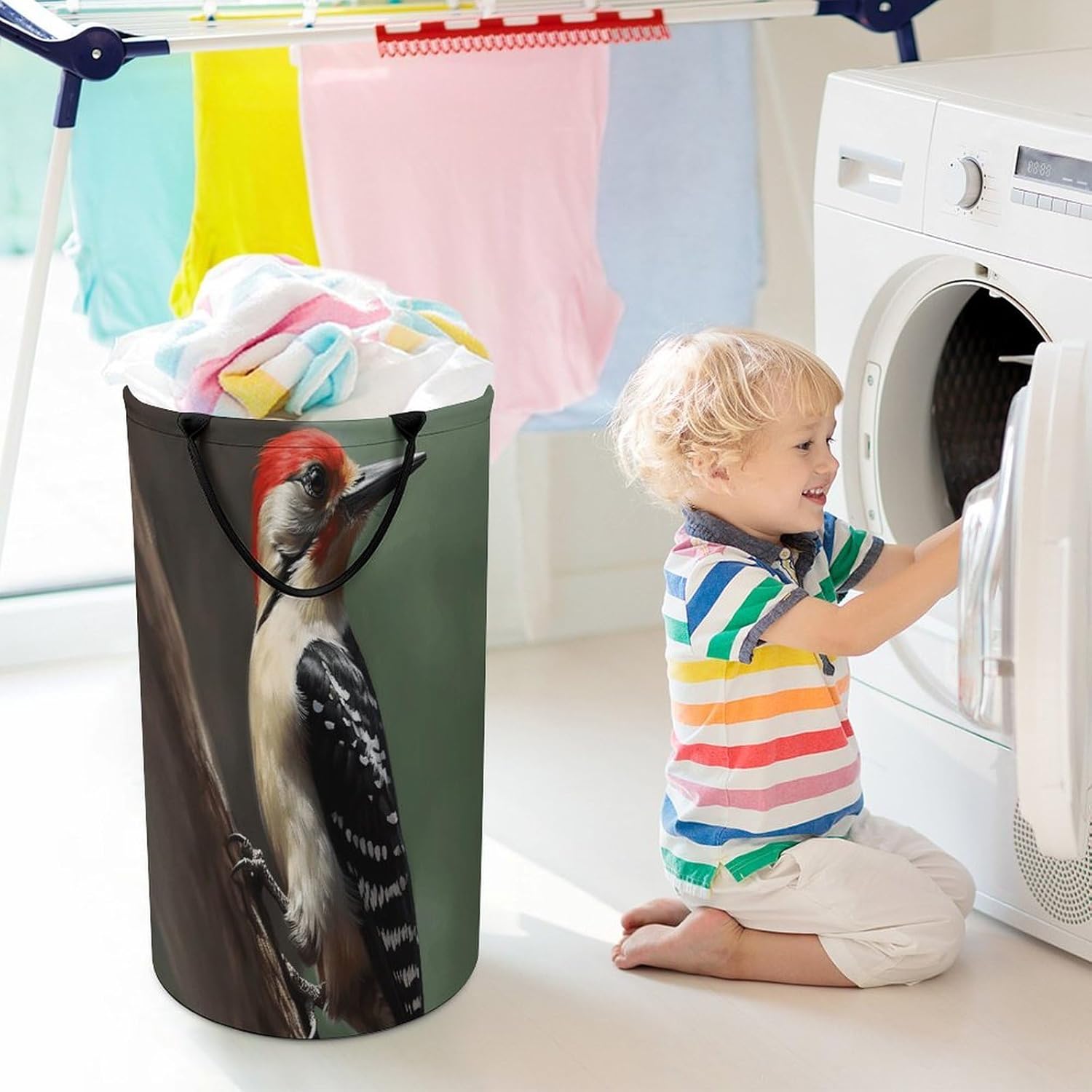 Woodpecker Laundry Hamper Portable Lightweight Clothes Hampers Fashion Dirty Laundry Storage Basket Large Capacity Foldable Clothes Baskets for Bathroom Bedroom