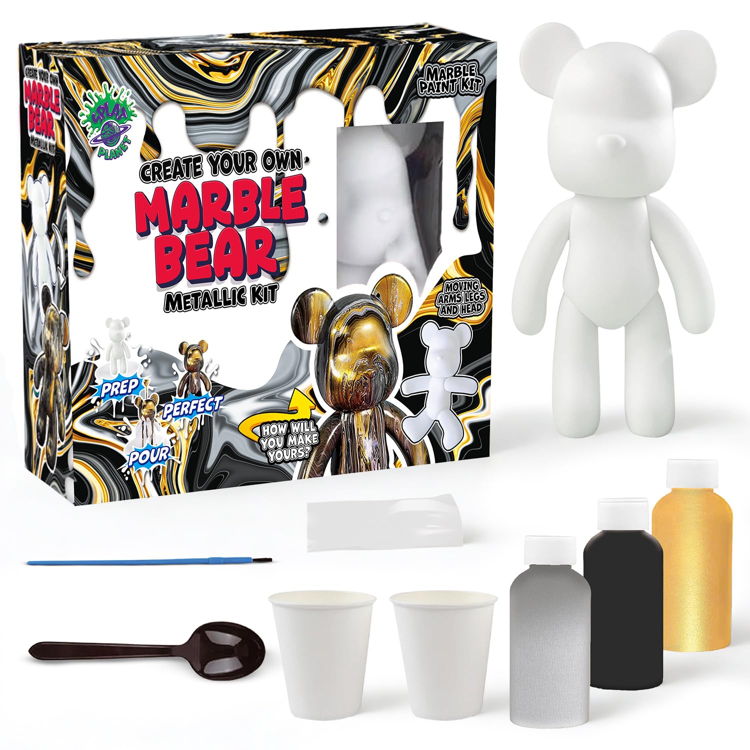 Splat Planet DIY Fluid Marble Bear Kit – Acrylic Paint Pouring Set for Kids & Adults | Drip Art Craft Kit & Creative Gift | Paint Your Own Marble Effect Bear (Metallic Kit)