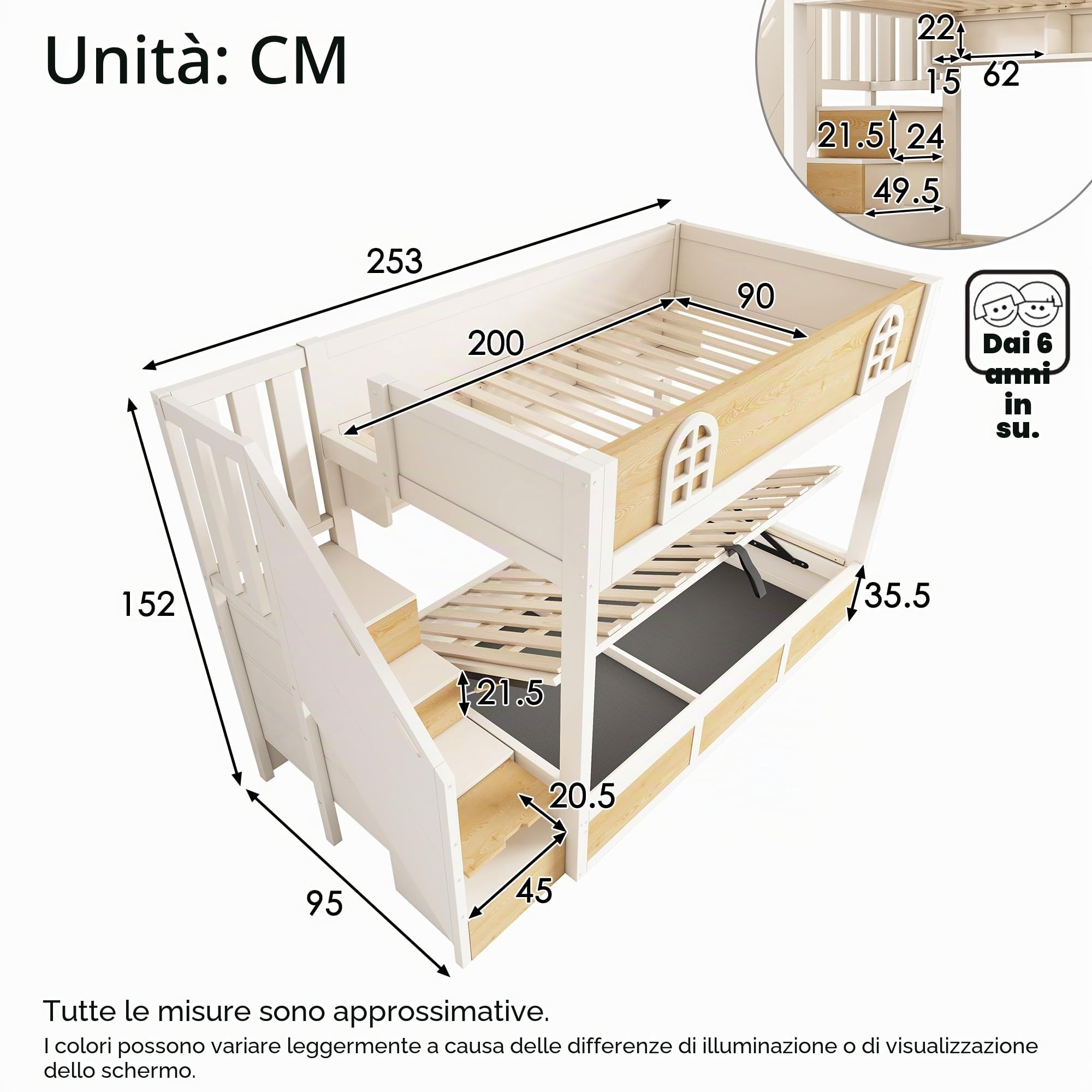 Letto a castello per bambini, 90 x 200 cm, con armadio per scale e vano portaoggetti, letto a castello doppio bianco e naturale, con ringhiere di sicurezza e rete a doghe, senza materasso