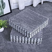 Wleeze Interlocking Carpet Shaggy Soft Foam Play Mat Velvet Fluffy Area Rugs, 12pcs Square Plush Puzzle Floor Tiles Climbing Mats for Rooms Home Parlor Bedroom, Grey