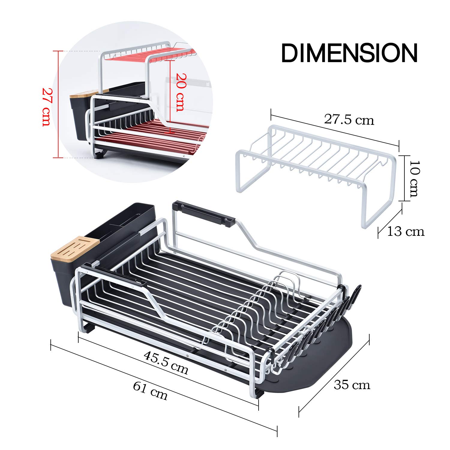 Kingrack Dish Drying Rack, Aluminum Dish Drainer 2 Tier with Draining