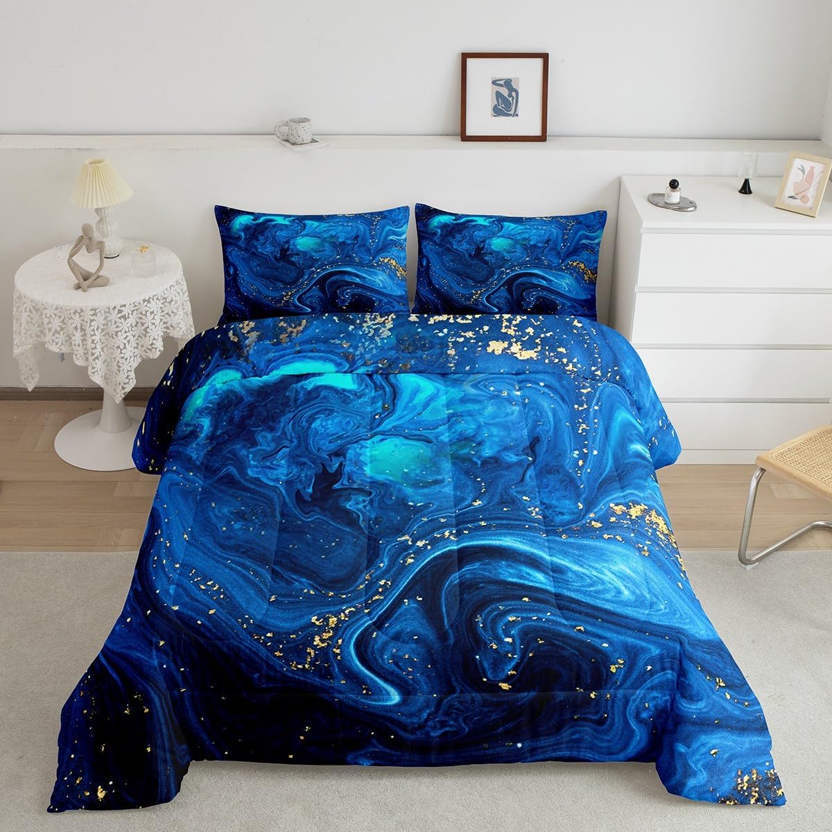 Erosebridal Ombre Blue Marble Queen Comforter Set, Black and Blue Marble Bedding Set for Men Teens Boys, Modern Golden Glitter Down Comforter, Watercolor Tie Dye Art Duvet Insert, Ocean Blue 3Pcs
