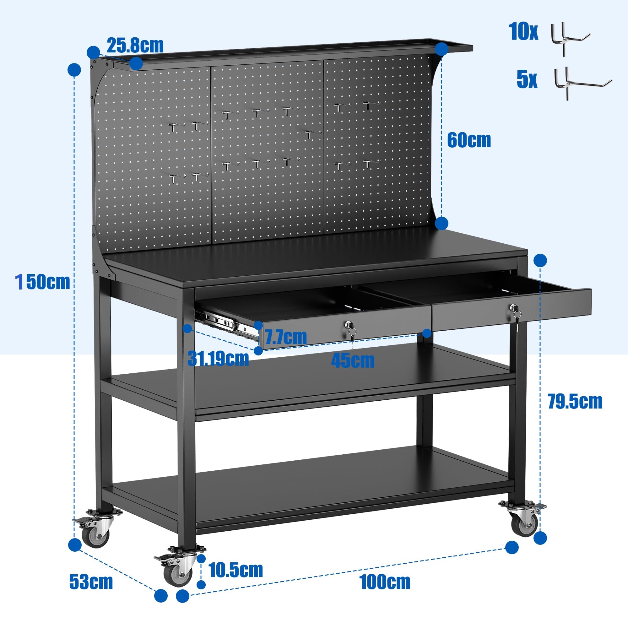 SUPEER Werkbank Metall Bewegbarer mit Hochfeste Räder und Pegboard,1500 x 1000 x 530 mm - 500 kg Tragkraft - 2 verriegelbare Werkzeugschubladen,Heavy Duty Stahl Arbeitsbank/Werktisch