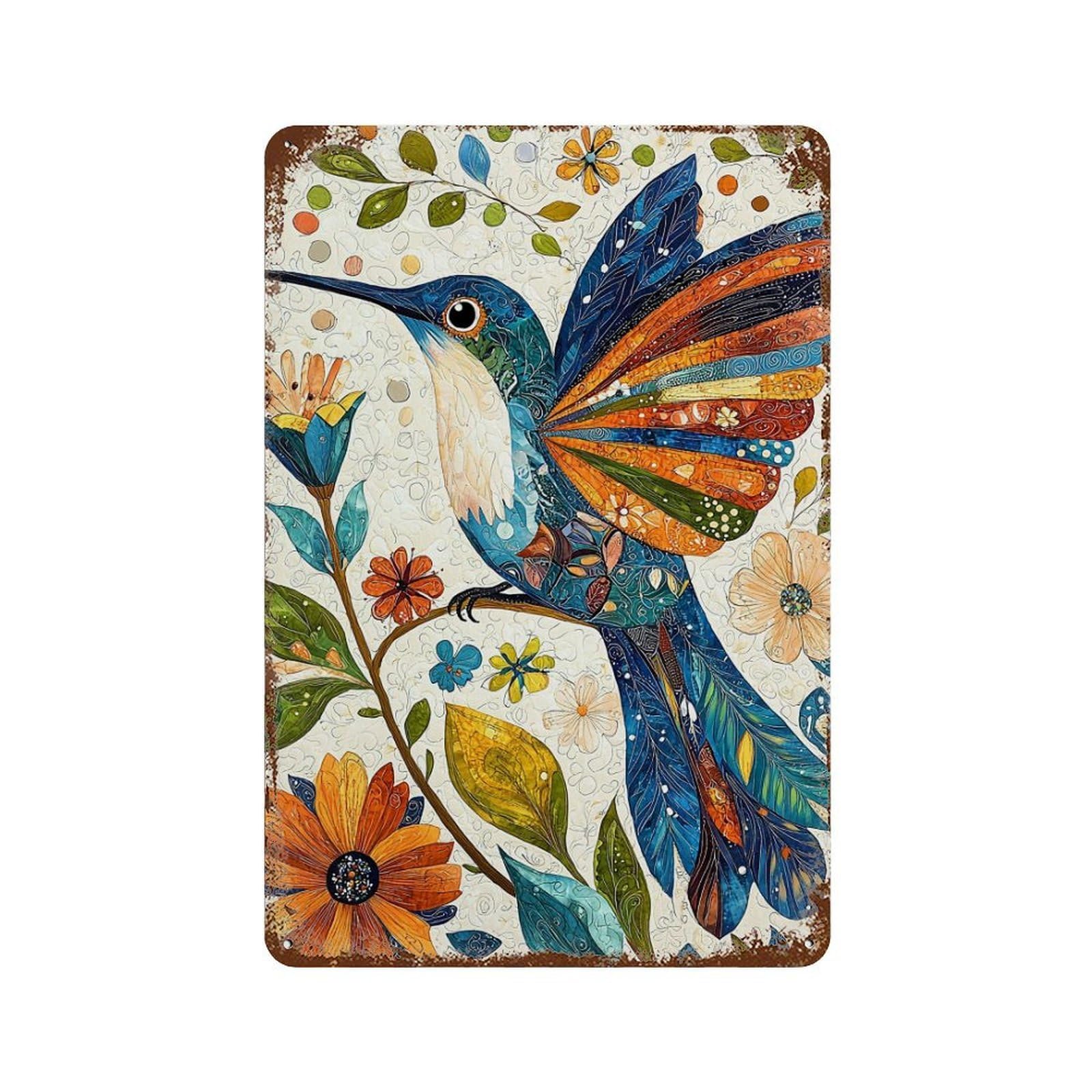 Colorful Hummingbird Art Print Rust Effect Tin Sign 11.8"x7.9", Vintage Wall Decor for Pub, Kitchen And Man Cave Decor