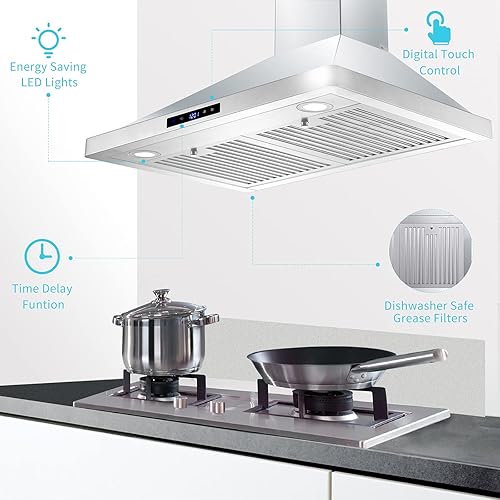 Miniatura 3 de Campana de cocina de montaje en pared de 30 pulgadas, campana extractora sin conductos con función de apagado retardado, ventilador de 3