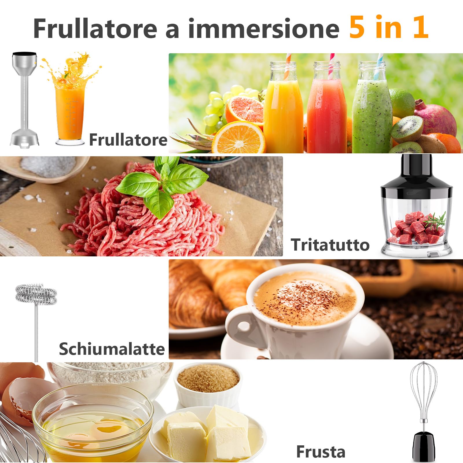 YASHE Frullatore a Immersione, 5 in 1 in Acciaio Inox, 1000 W, Velocità Regolabile Continuamente, con Tritatutto, Frusta e Bicchiere Dosatore – Ideale per Alimenti per Bambini, Salse e Zuppe