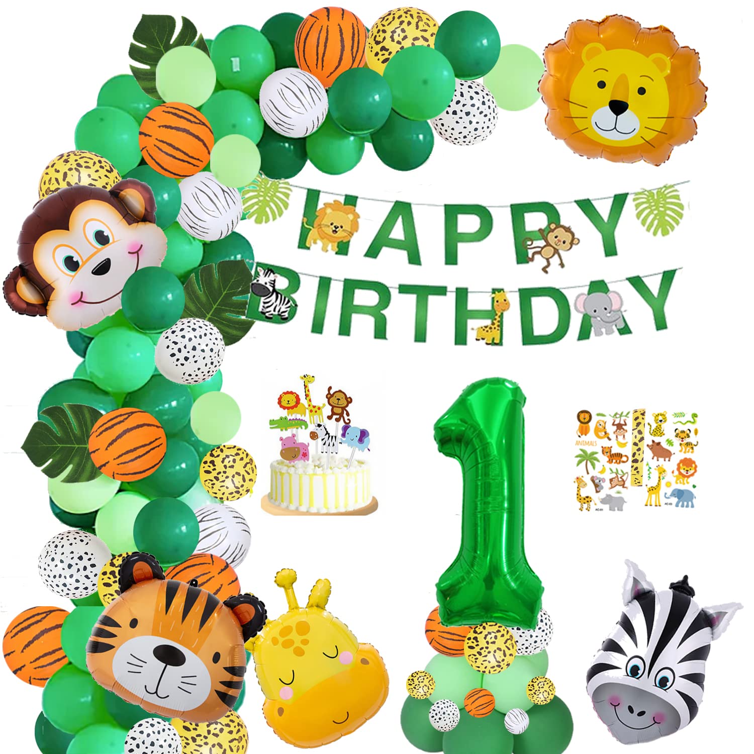 Jungle Theme Balloon Arch Kit for 1 Year Old Baby Boy Girl, Green Happy Birthday Banner Balloons Garland, Safari Shower Party Supplies Decorations 105pcs Wild Jungle Theme Party Supply Animal Balloon