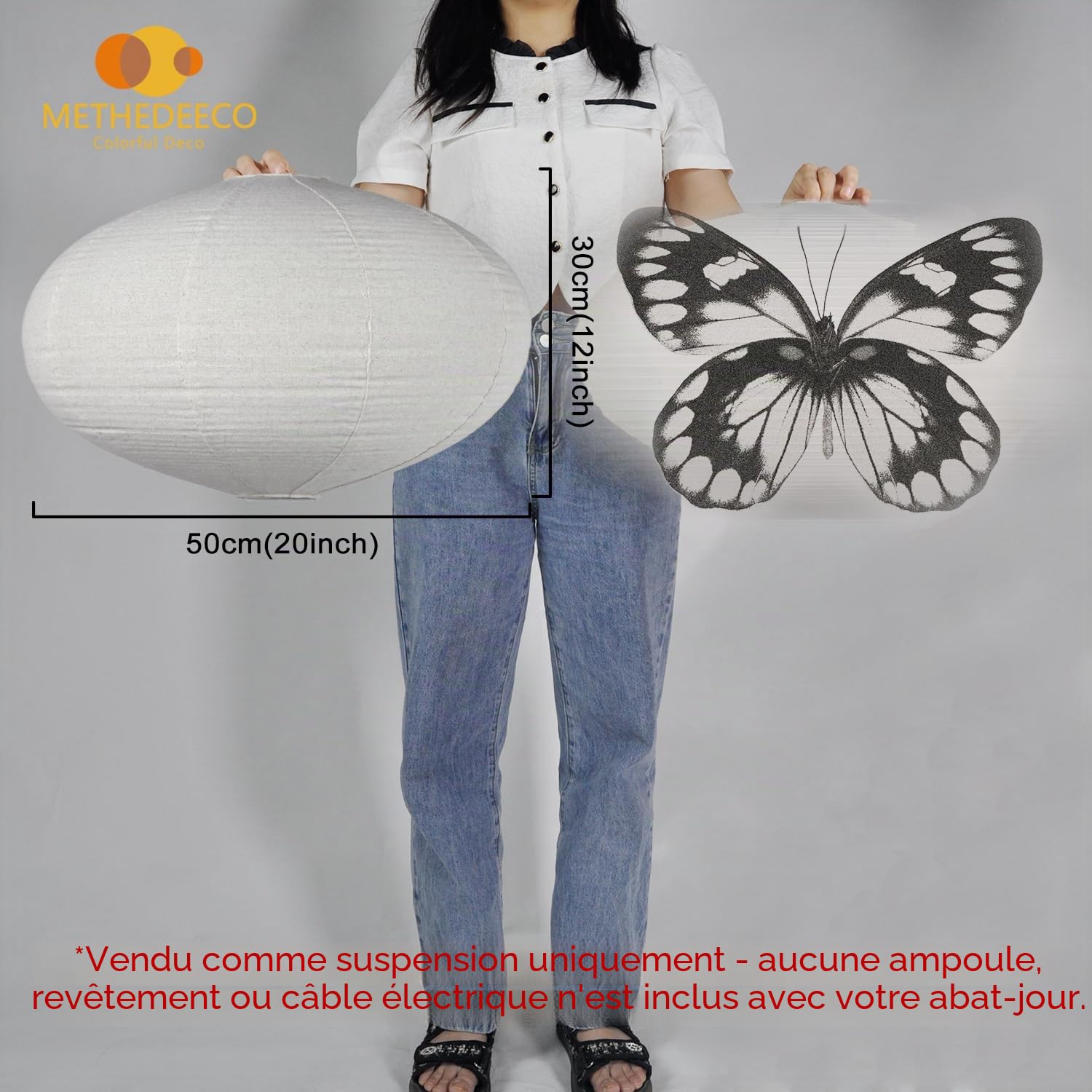 METHEDEECO Abat-jour ovale en lin 50 cm, abat-jour suspendu en tissu fait main pour salon, chambre et salle à manger, style bohème japandi minimaliste, ampoule non incluse
