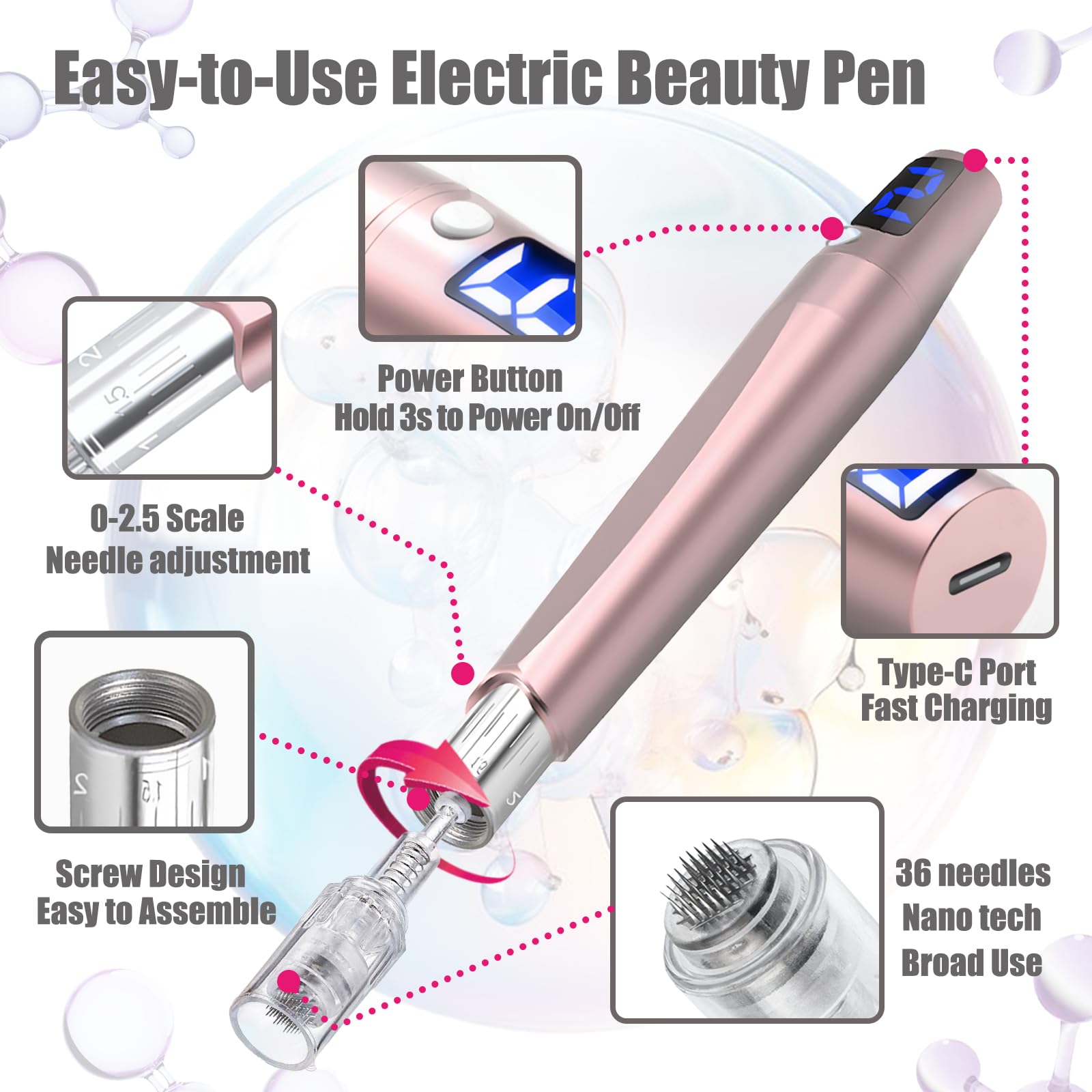Pen-Dermiprick Facial & Scalp Derma Roller Tool -0.25mm Skin Care Roller with 12 Replacement Heads, Home Use Derma Pen Microneedle Skin Care Kit for Women Men (Red-1)
