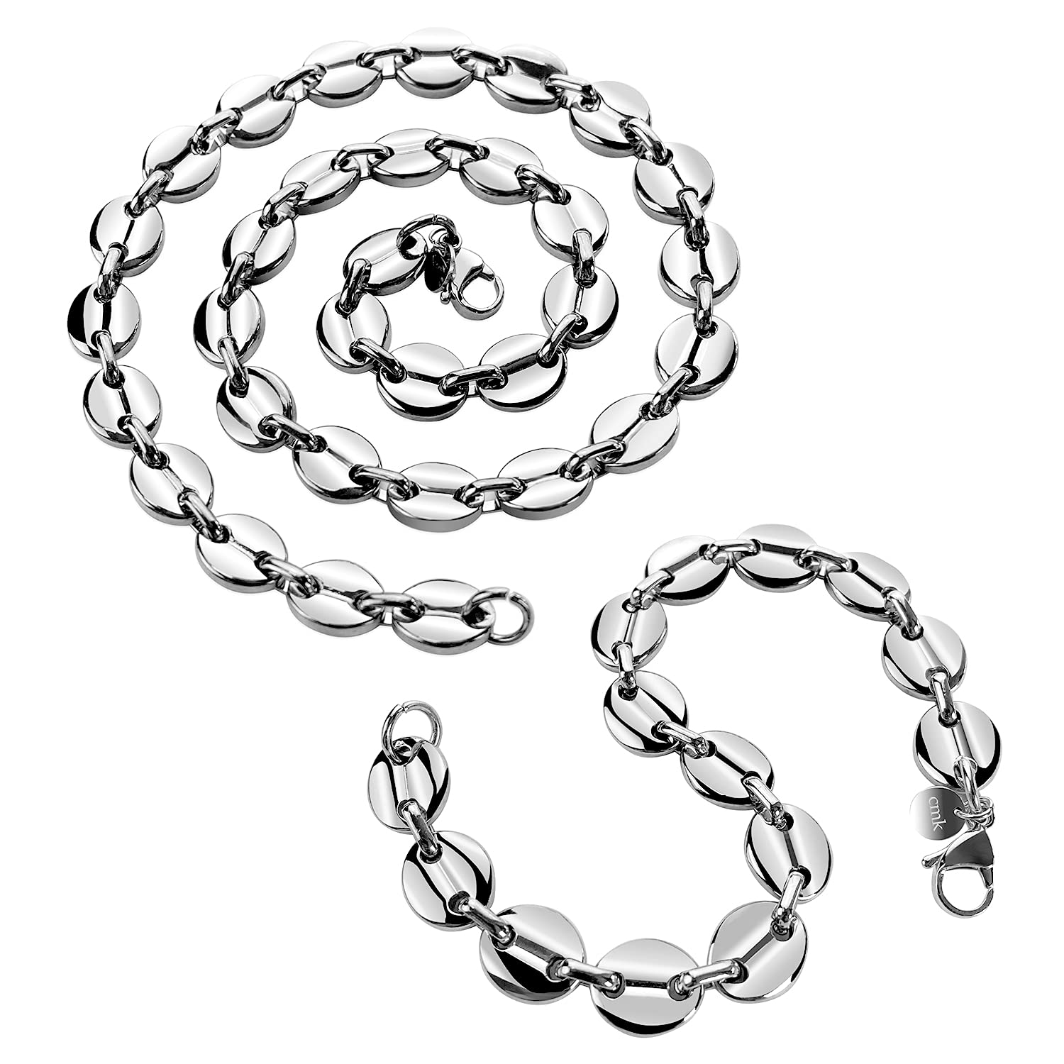 AURSTORE Ensemble, Parure Chaine 56cm et Bracelet 21cm en graine de café en Acier Inoxydable Homme (Argent, 11)