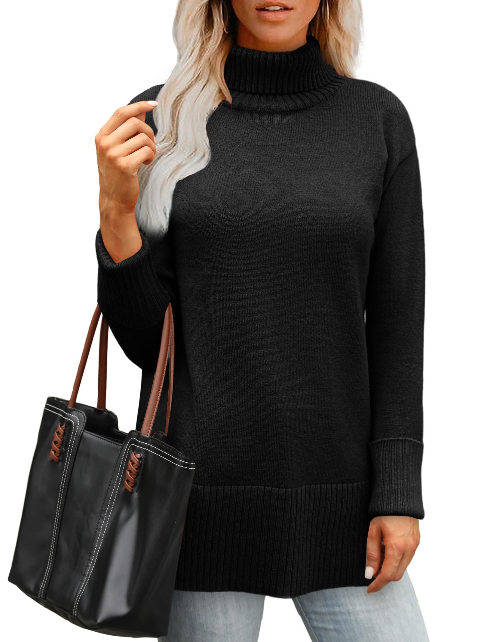 Glanzition Sweaters for Women Turtleneck Side Split Oversized Pullover Tops
