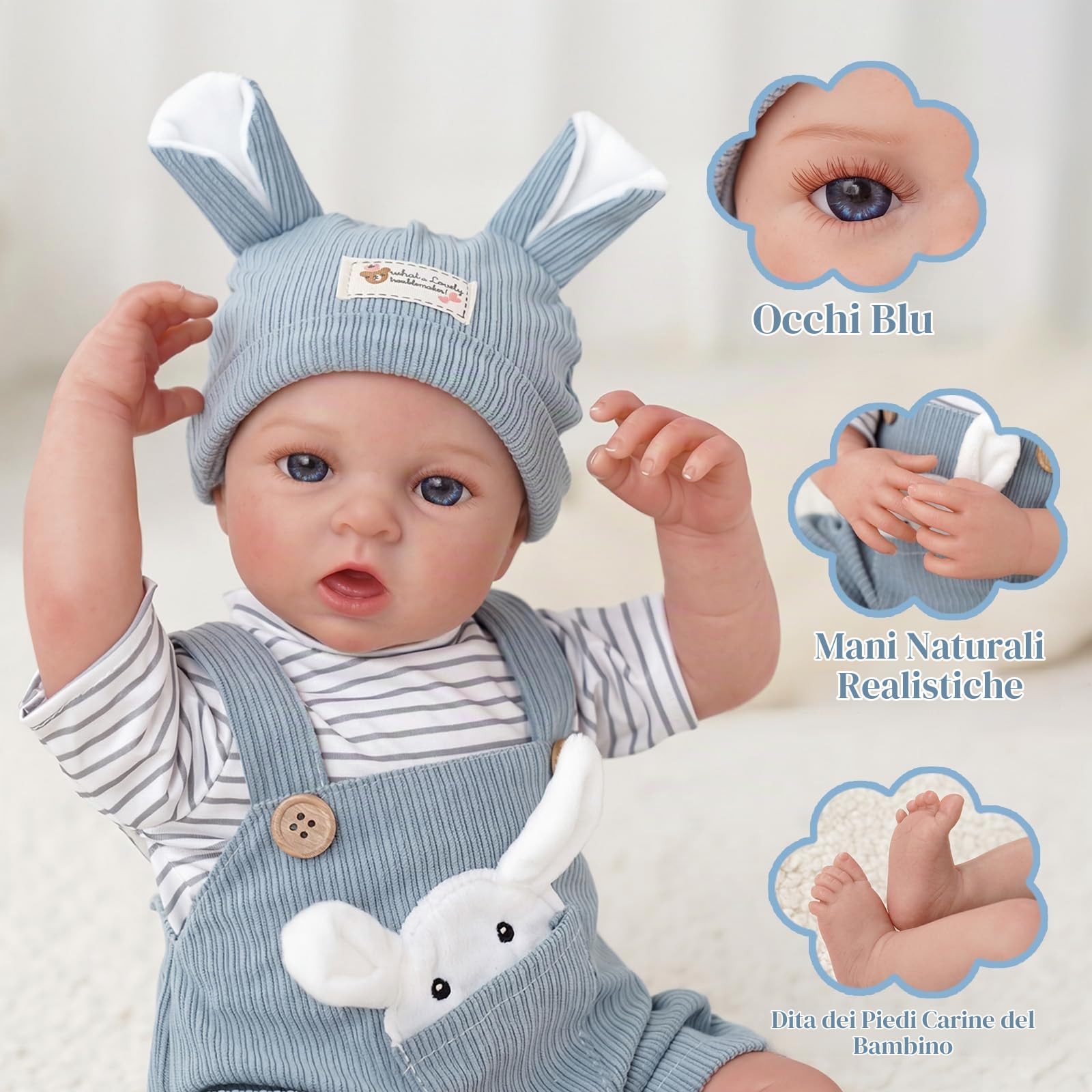 BABESIDE Reborn Bambola - 43 cm Bambole Realistica corpo in Cotone, Testa e Arti in Vinile - Bambolotto Maschio include Vestiti e Accessori, Adatta a Bambini dai 3 Anni+