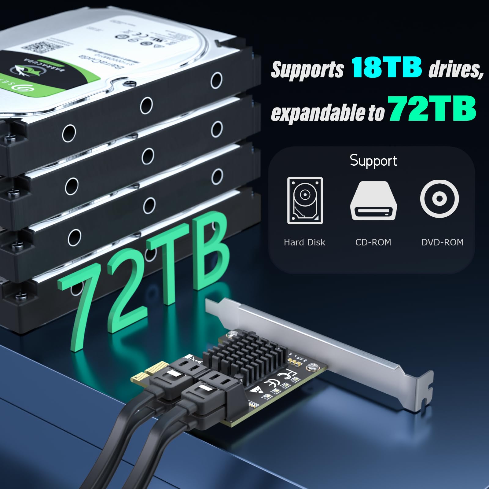 4-portowa karta rozszerzeń PCIe 3.0 na SATA III, adapter ASM1064 Chip 6 Gb/s, obsługuje SSD/HDD, Plug and Play, kompatybilna z Windows/Linux/macOS/NAS (w tym 4 kable SATA)