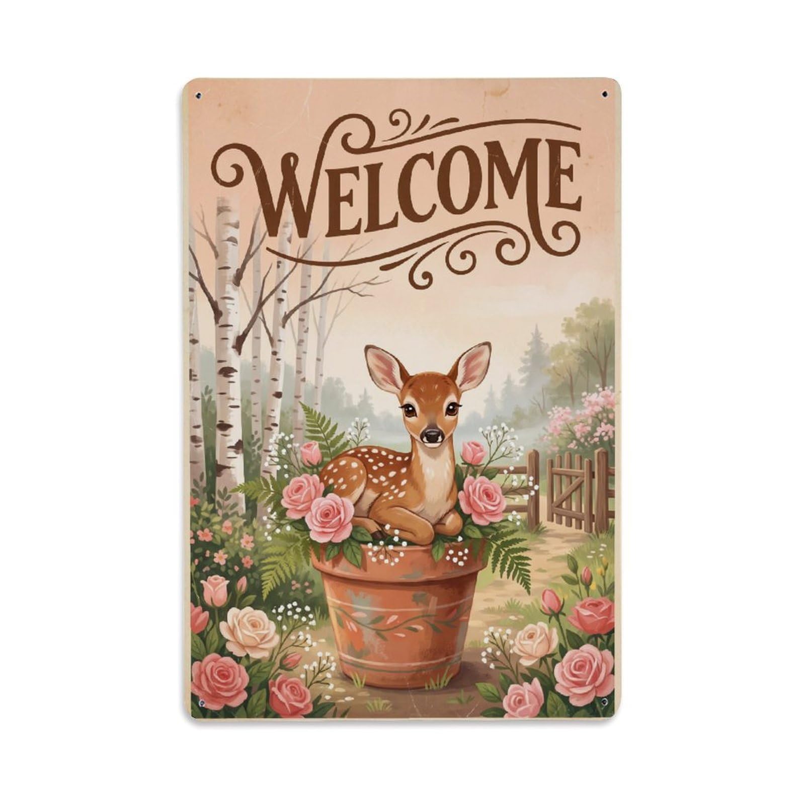 Cxhjca 8X12inch(20X30cm) Vintage Welcome Fawn Friendly Face Metal Tin Sign