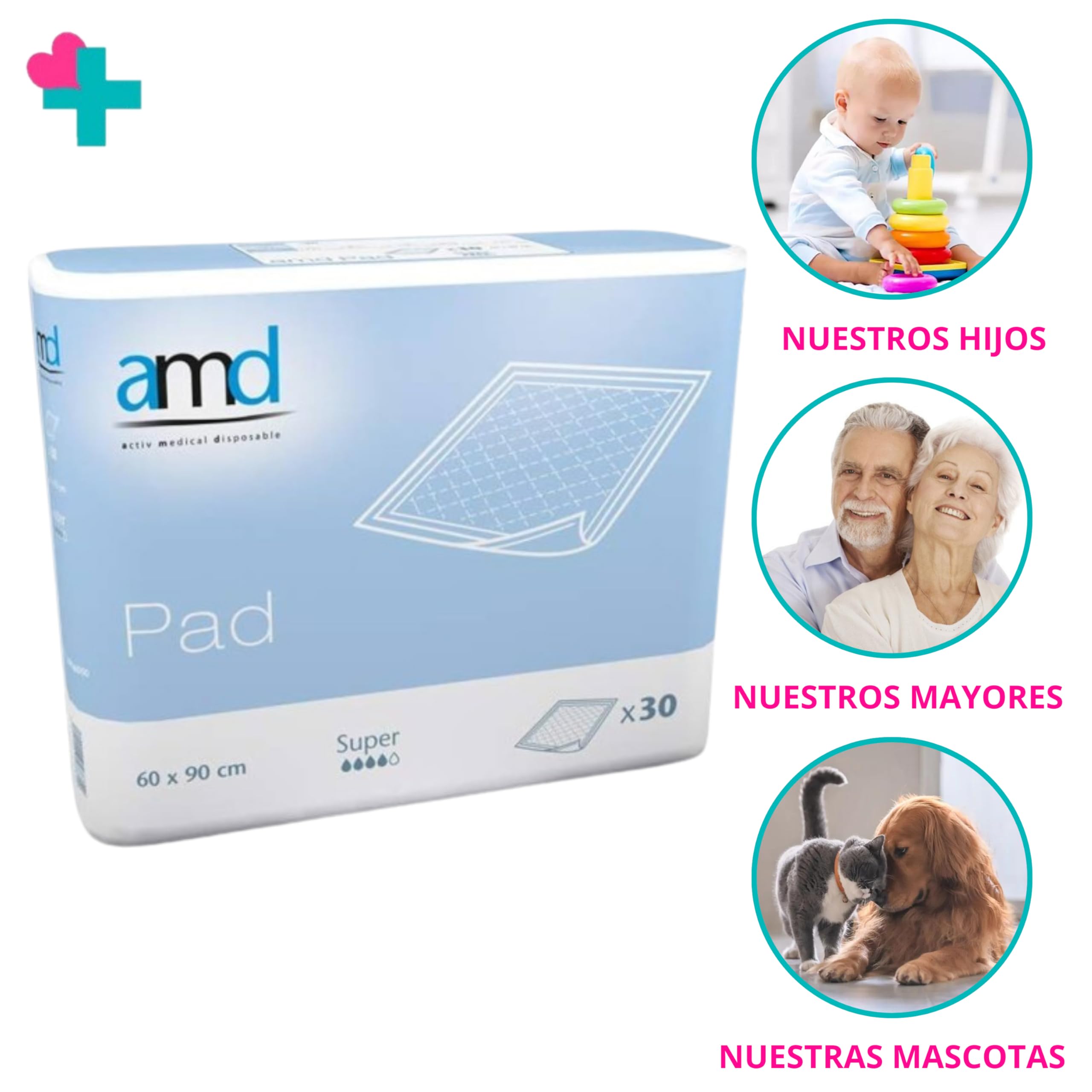 AMD Caja 1 Paquete con 30 Salvacamas Desechables 60x90. Empapadores Cama Adultos Desechables. Protector de Cama de un Solo Uso. Cambiadores Desechables Absorción Super (1 Paquete de 30ud, 60x90)