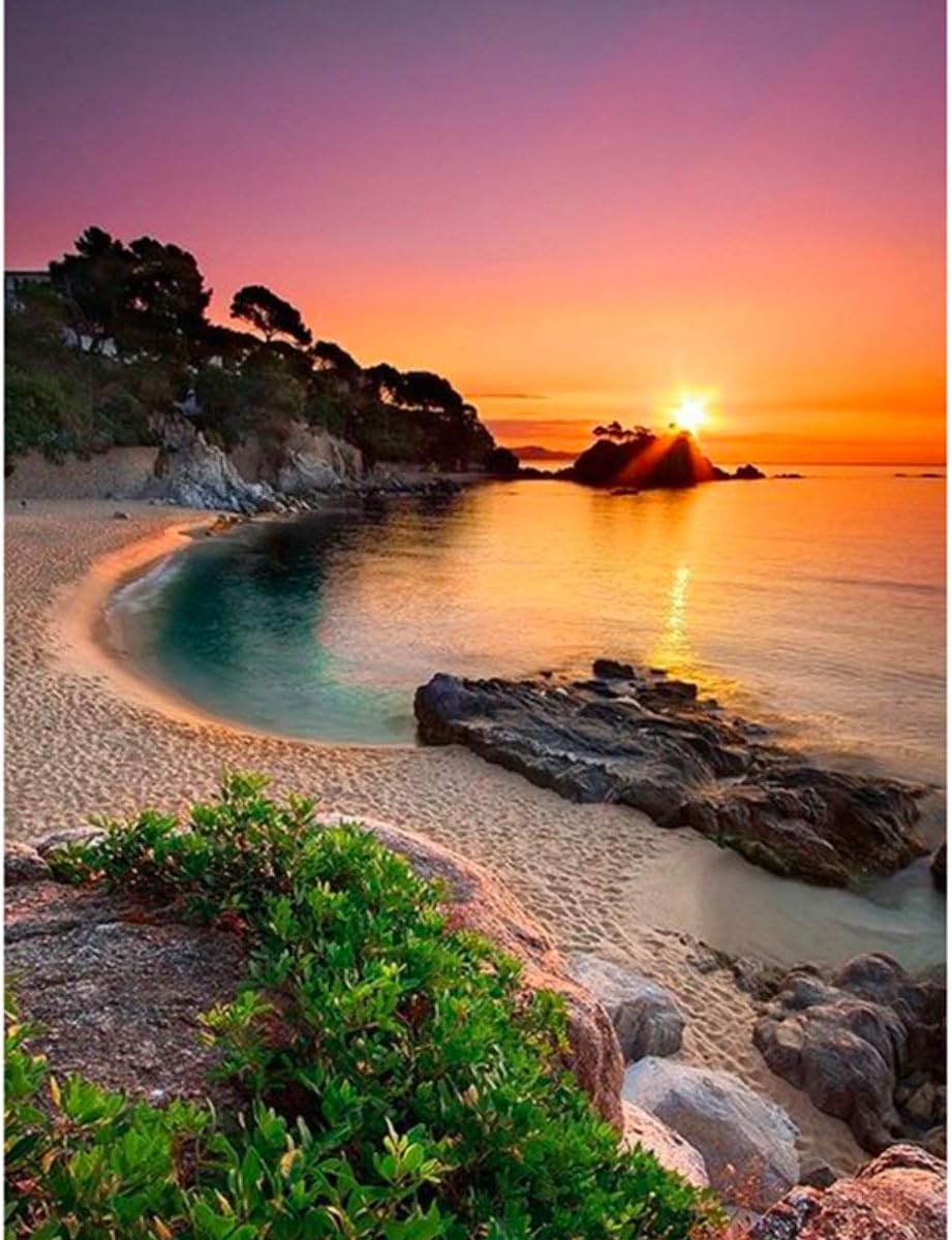 LVIITIS DIY 5D Diamond Painting by Number Beach Sunrise Kits for Adults Full Round Drill（16x12inch）,Embroidery Pictures Arts Craft for Home Wall Decor，5D Painting Dots Kits Landscape