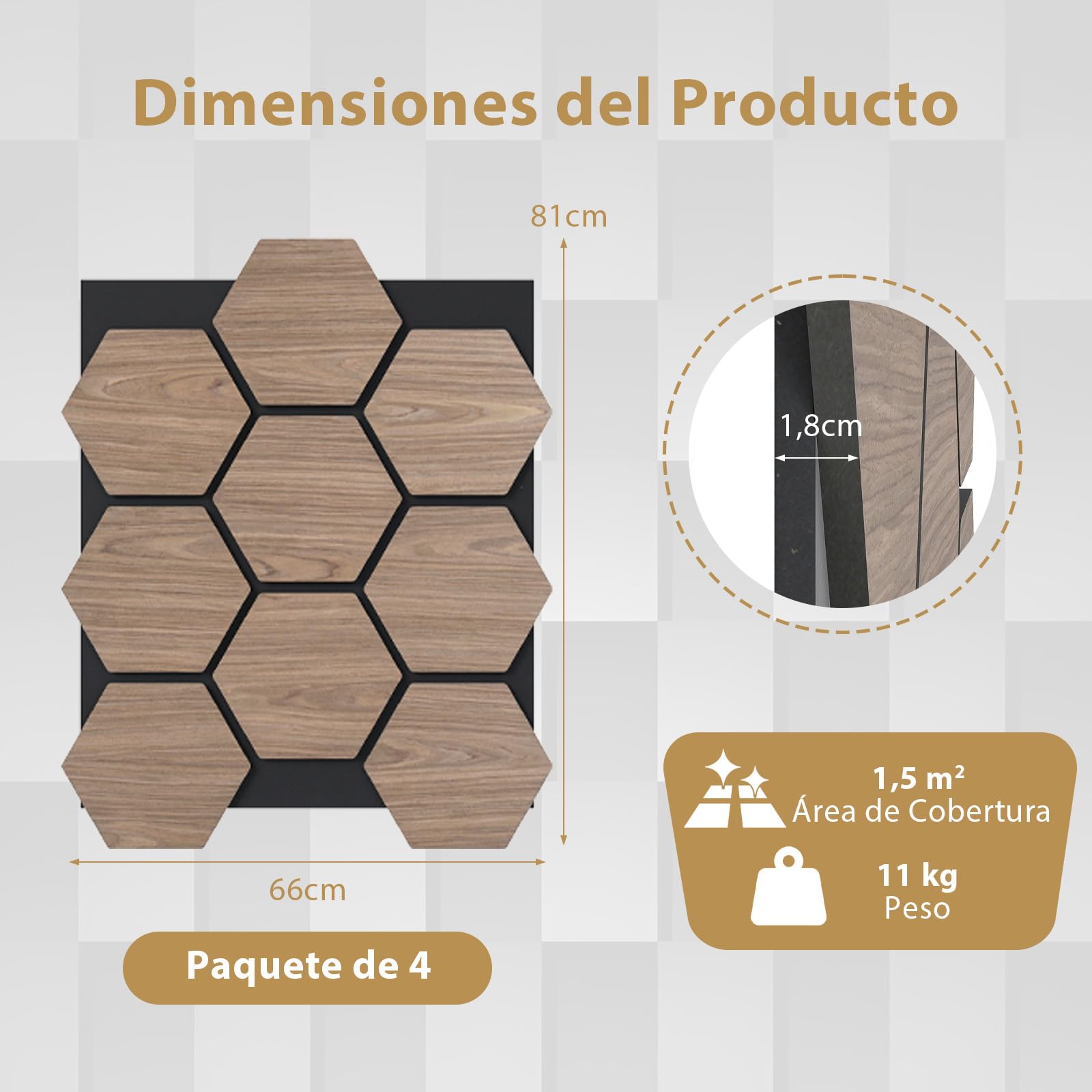 COSTWAY Lote de 4 Paneles Acústicos Decorativos para Paredes, 81 x 66 cm con 9 Tableros Hexagonales de Madera, Paneles Insonorizantes para Paredes para Estudios, Oficinas, Dormitorios, Salones