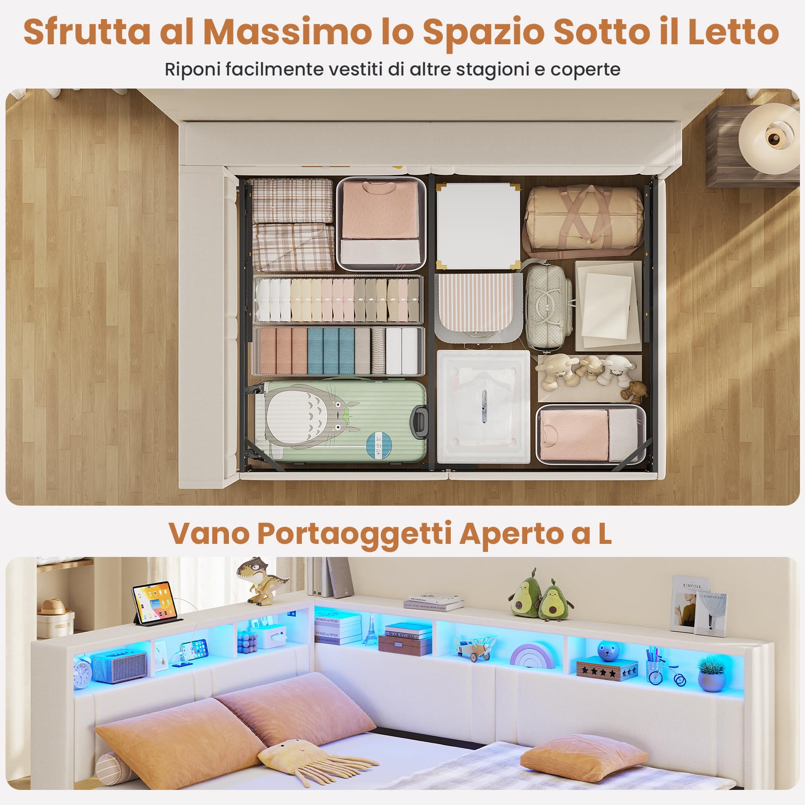 AOGLLATI Letto Singolo con Contenitore 90x200 cm, Letto Salvaspazio, Beige